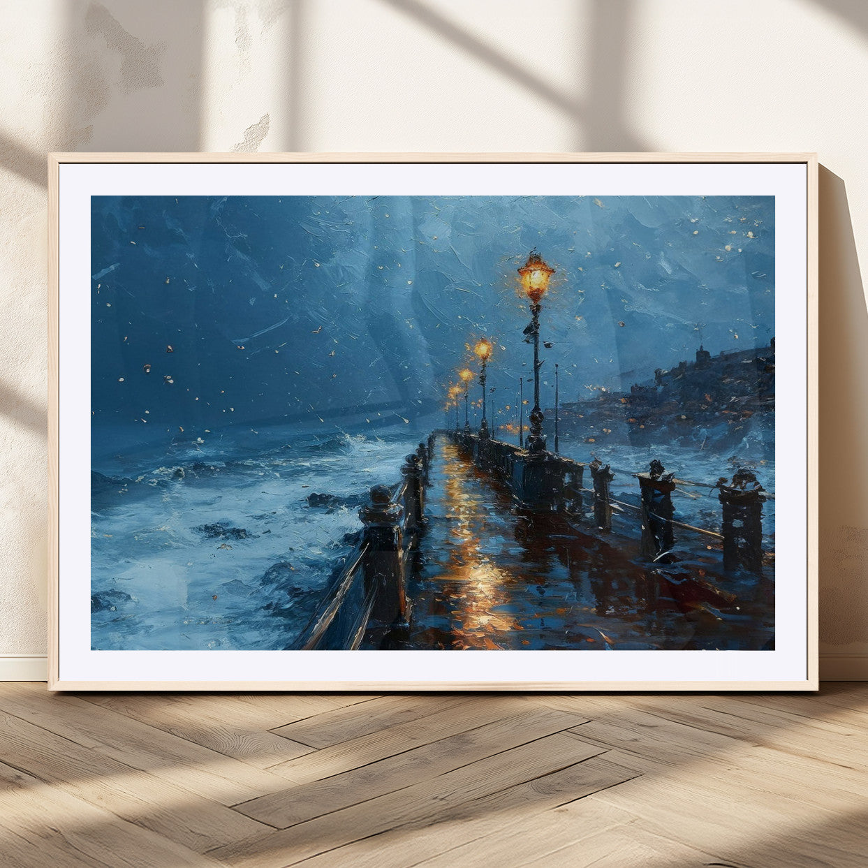"Impressionistic painting of a stormy pier with street lamps glowing, waves crashing, and a misty ocean under a blue sky."