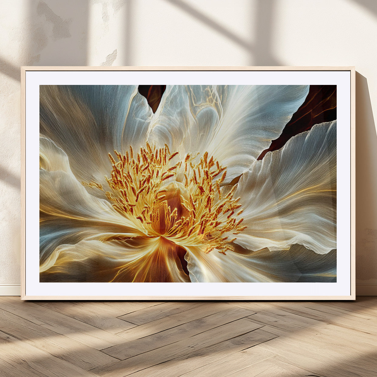 "Close-up of a glowing, abstract flower with delicate white petals and vibrant golden-yellow stamen against a dark background."