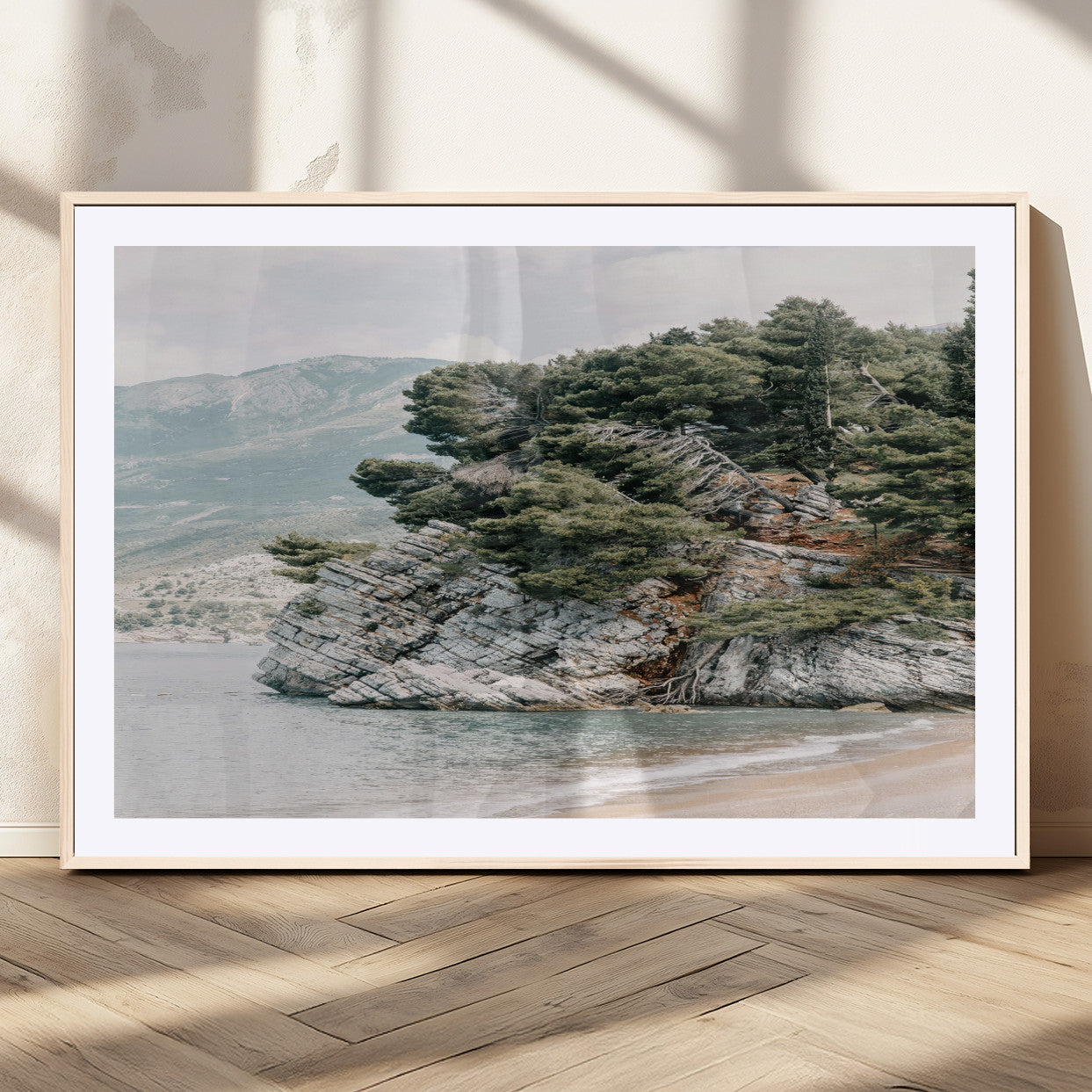 MGC-FP-36x24 - Coastal Rock Canvas Wall Art Print, Scenic Beach Landscape, Pine Trees on Rocky Cliff, Large Nature