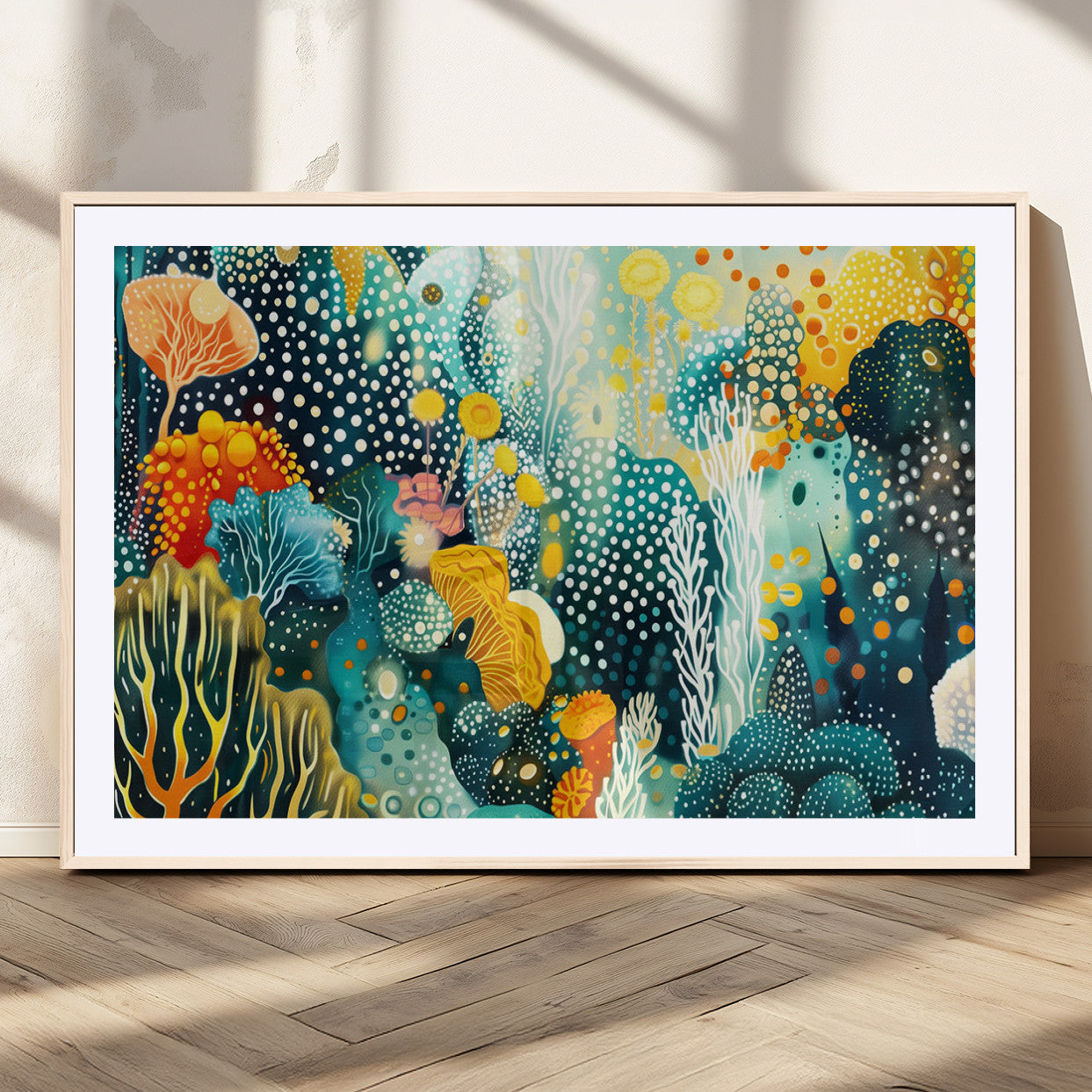 Abstract underwater coral reef illustration with vibrant colors, dotted textures, and stylized marine flora – Wall Art Canvas Print.