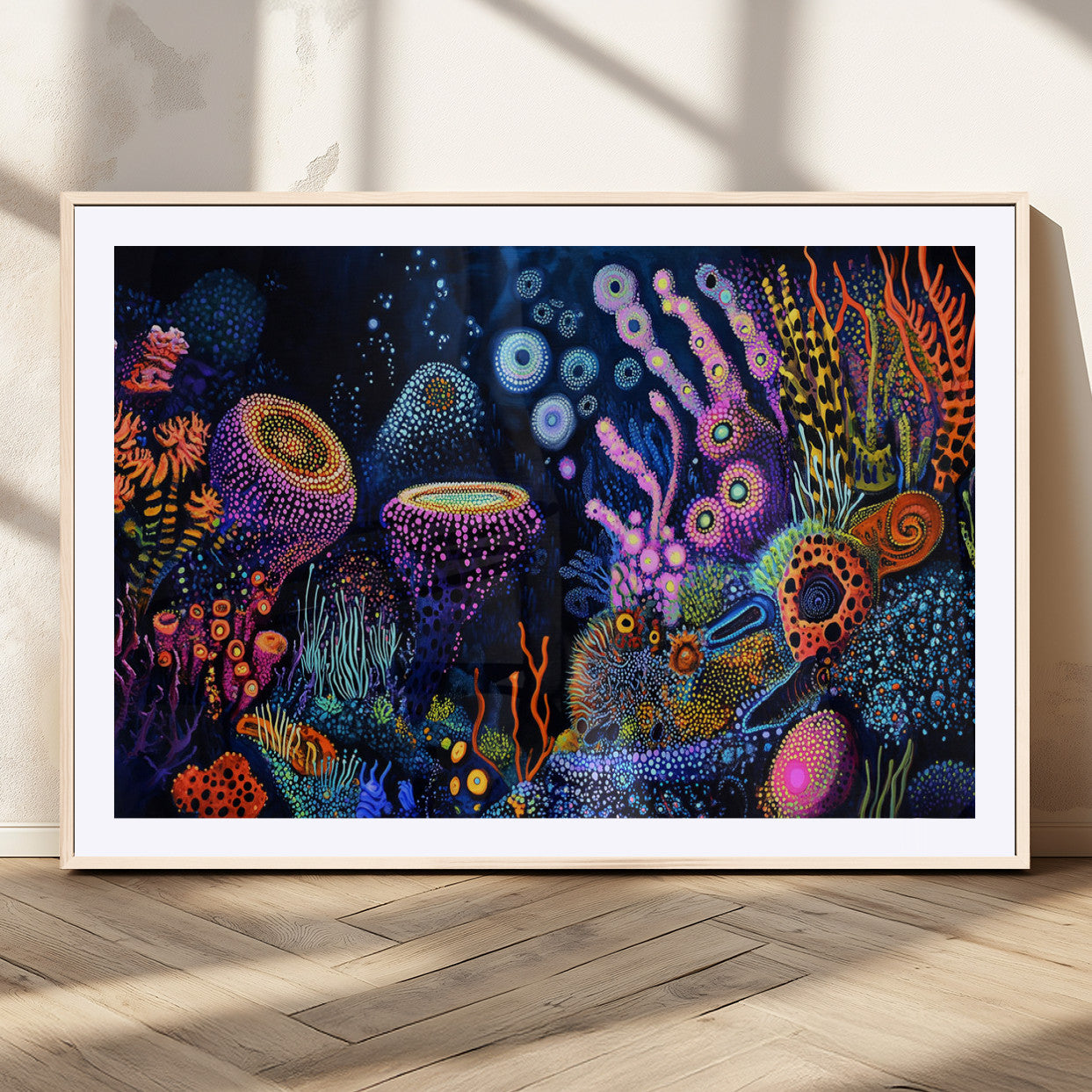 Vibrant and colorful abstract underwater coral reef artwork with diverse shapes and glowing patterns – Wall Art Canvas Print.