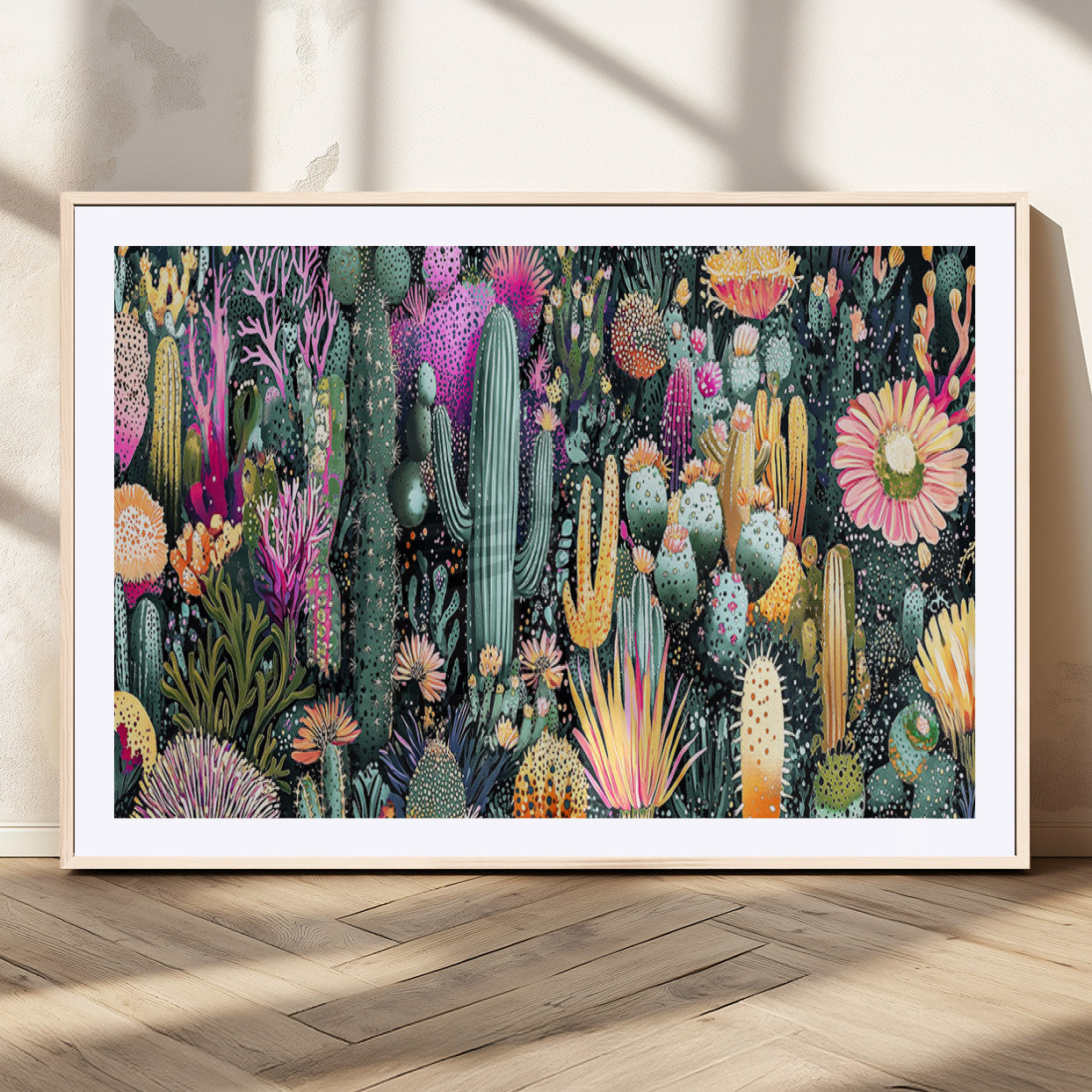 Colorful and detailed painting of various cacti and desert flowers in vibrant hues on a dark background – Wall Art Canvas Print.