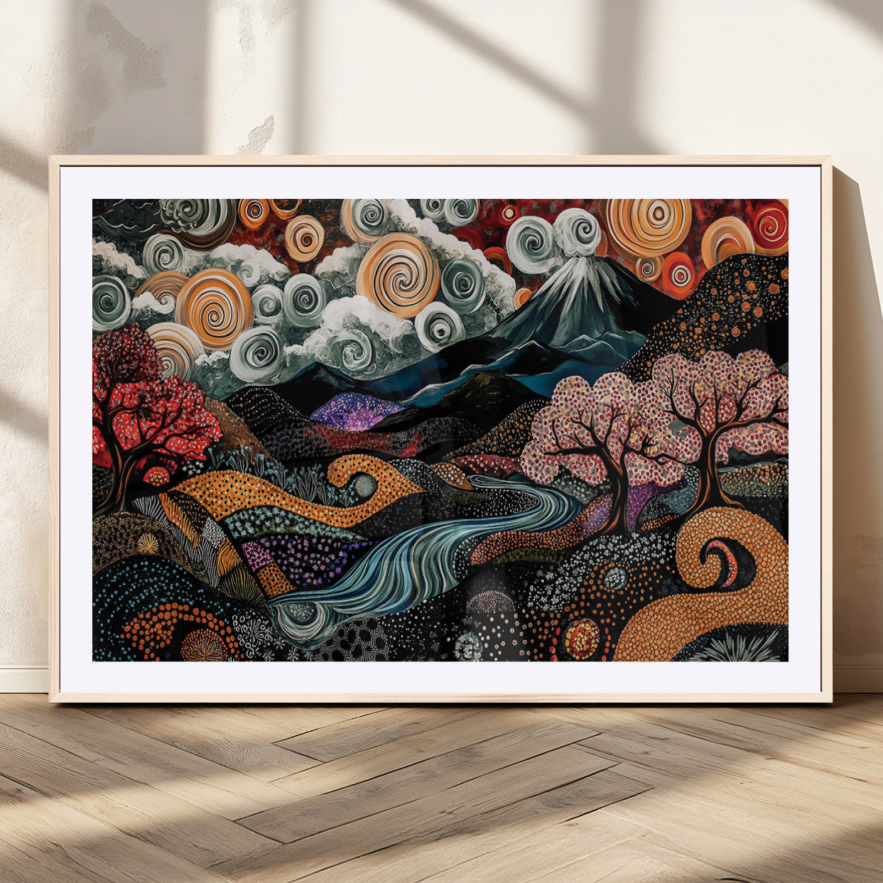 Vibrant abstract landscape painting featuring swirling clouds, colorful trees, flowing river, and textured hills under a mountain – Wall Art Canvas Print.