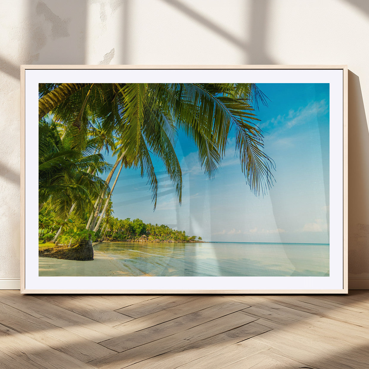 MGC-FP-36x24 - Peaceful Tropical Beach with Palm Trees and Calm Blue Sea – Serene Coastal Wall Art Canvas Print for