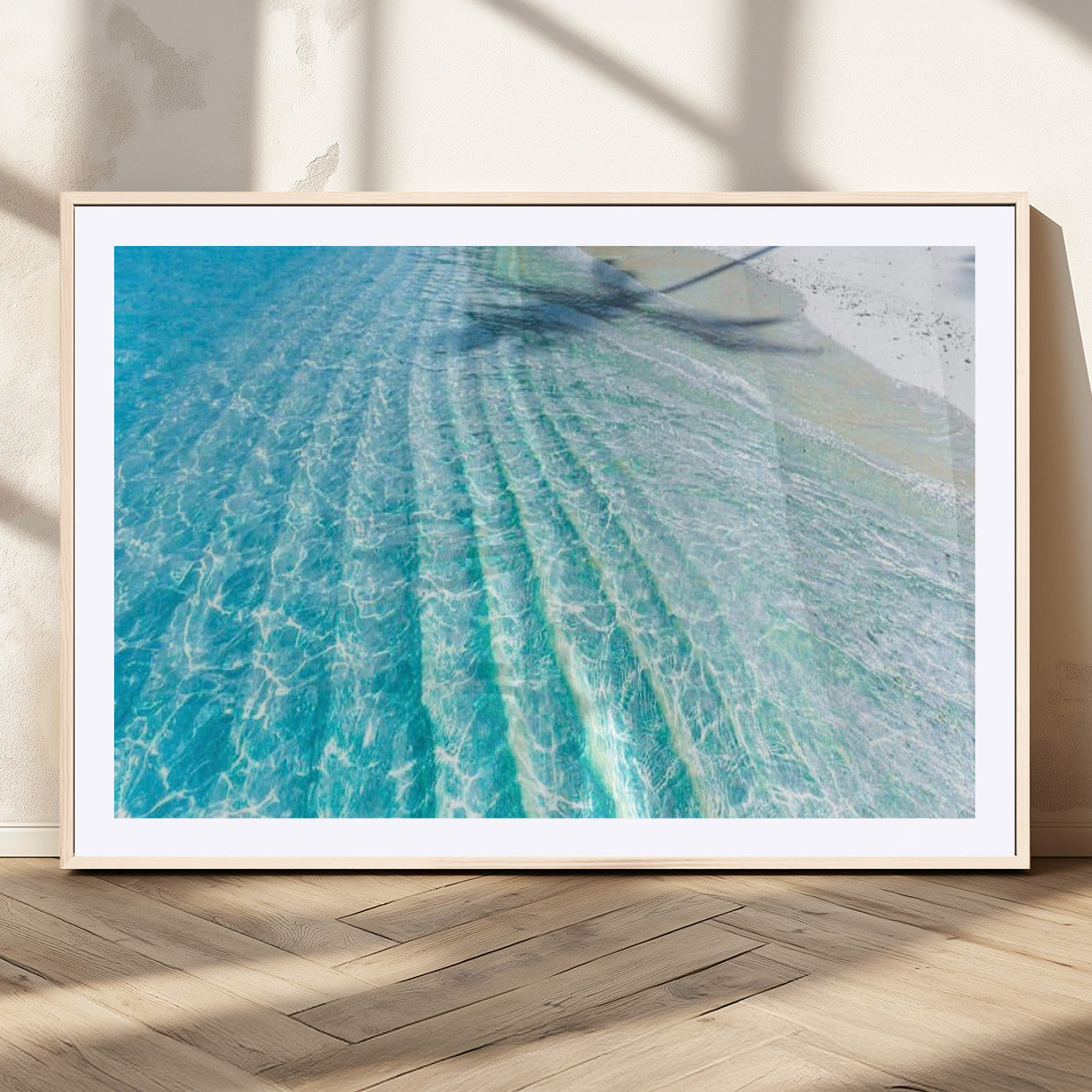 17528159-MGV-CV-36X24-Crystal Clear Shallow Ocean Water with Sunlight Reflections and Palm Tree Shadow on Sandy Beach – Beautiful Wall Art Canvas Print for Coastal Decor