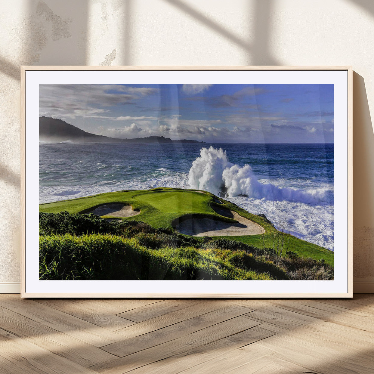 78508908-MGV-CV-36X24-Dramatic Ocean Waves Crashing Against Rocky Coastline Near a Green Golf Course – Stunning Wall Art Canvas Print for Nature and Sports Lovers