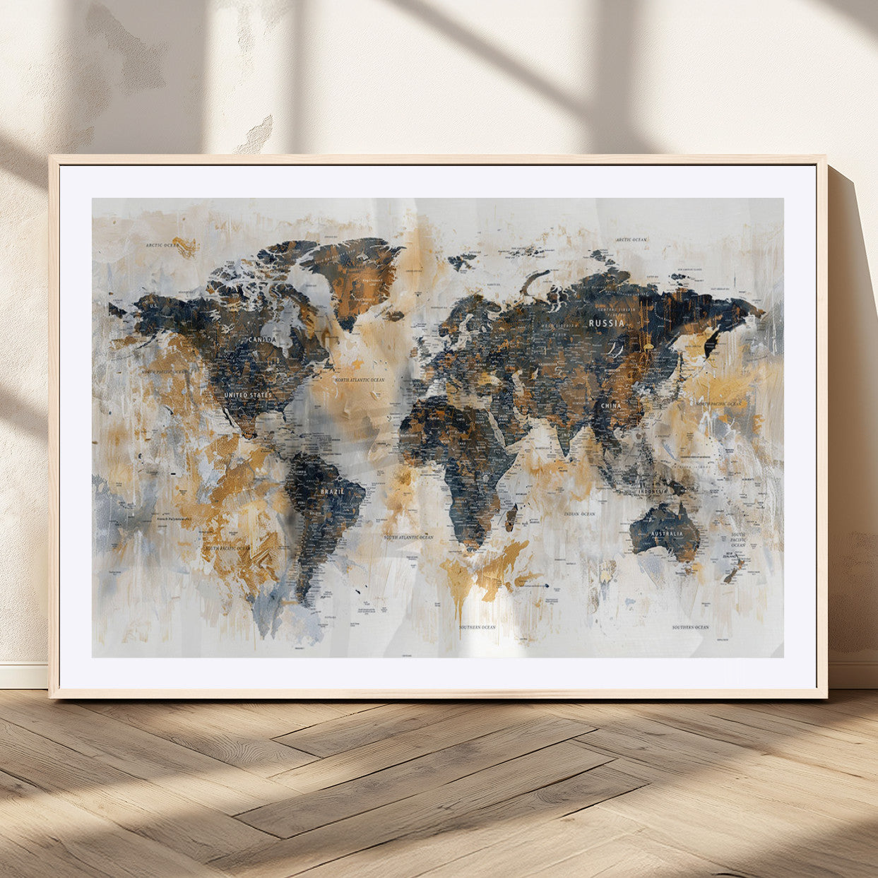 Artistic world map with textured brush strokes in shades of gold, navy blue, and white, showing continents and countries with an abstract, painterly effect.
