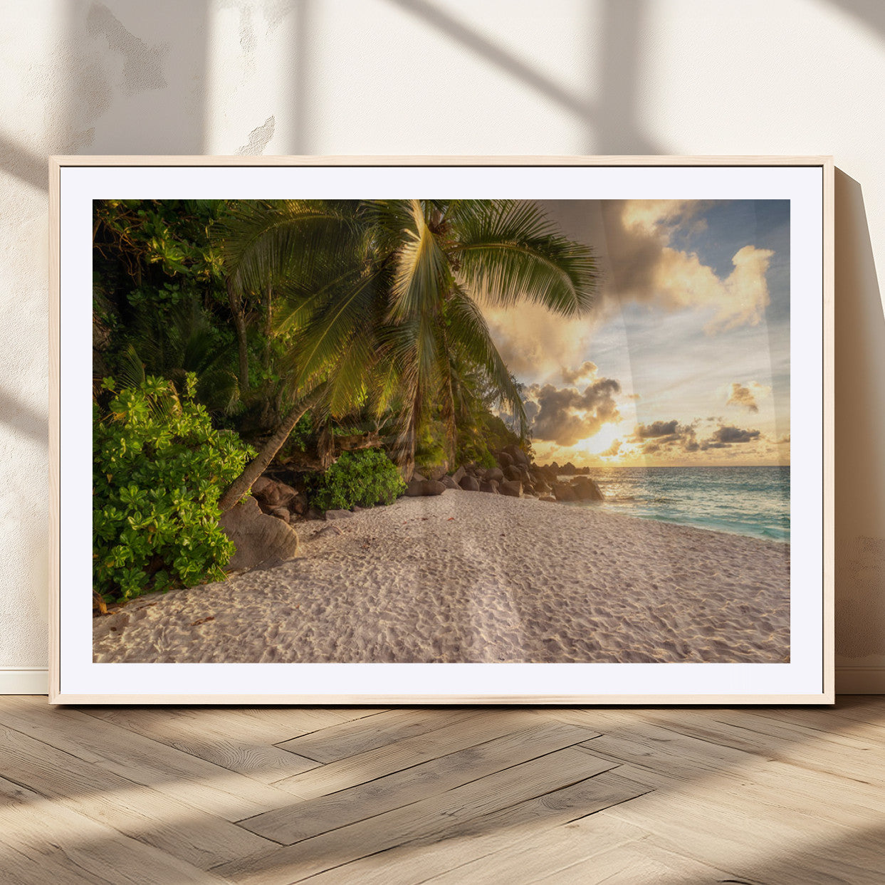 89531159-MGV-CV-36X24-Tropical beach sunset, palm trees, white sand, ocean waves, golden sky, serene landscape, nature beauty, tranquil shore, Wall Art Canvas Print