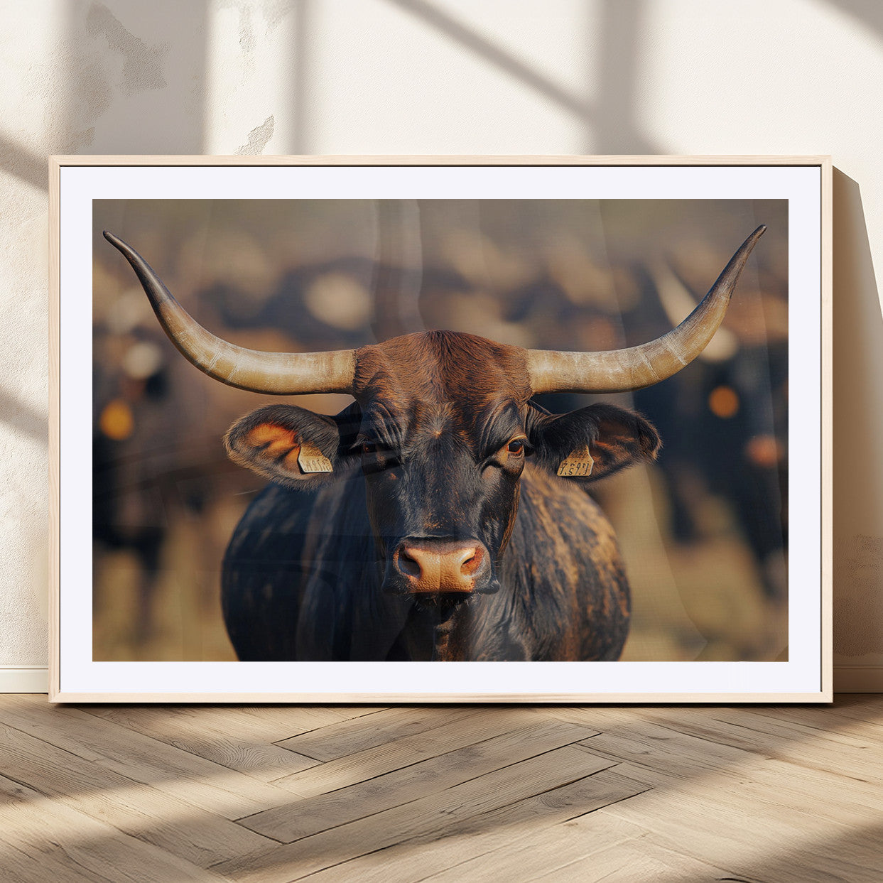 35515971-MGV-CV-36X24-Majestic bull head close-up, long curved horns, detailed fur texture, warm sunlight, focused gaze, Wall Art Canvas Print