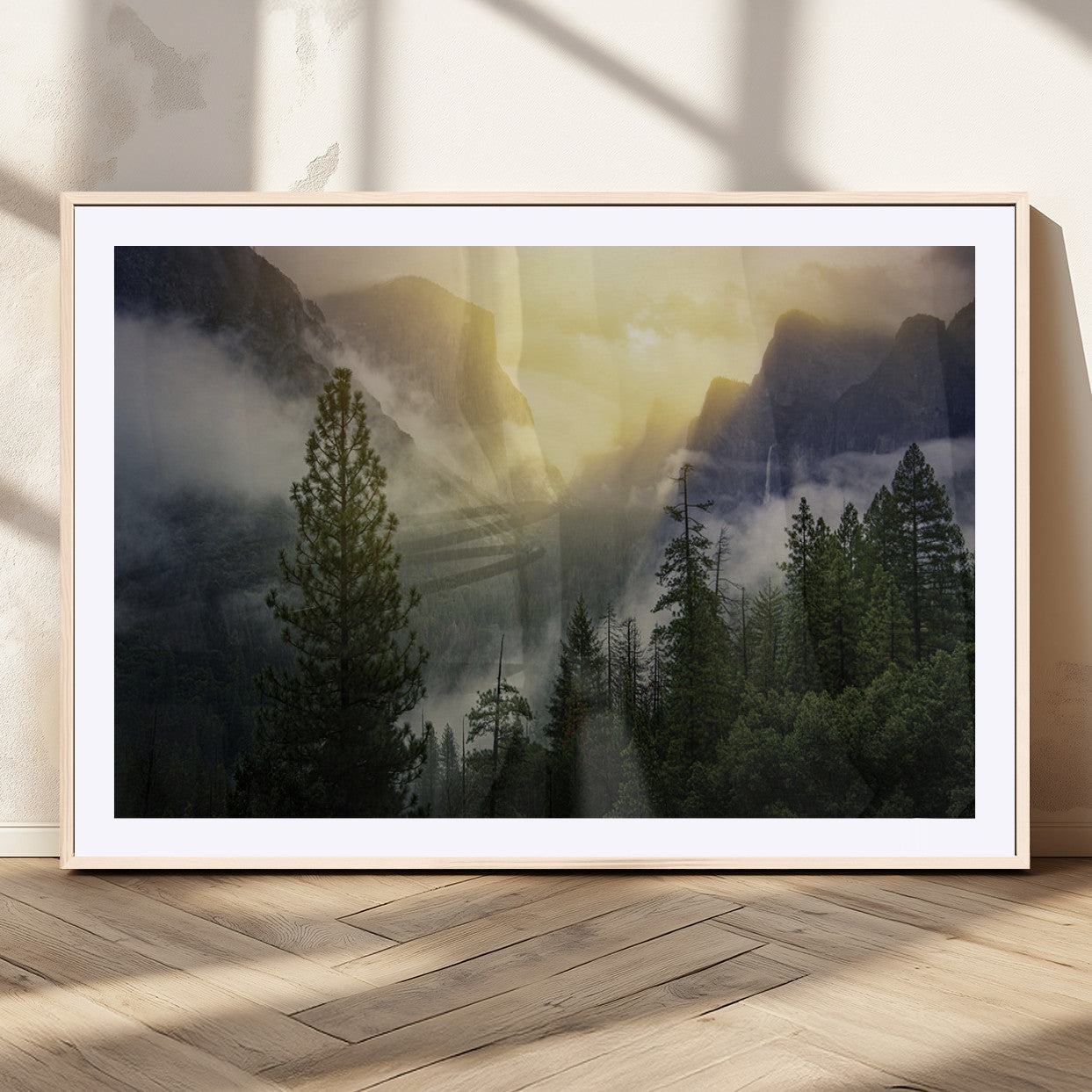 38316884-MGV-CV-36X24-Misty Forest Sunrise Mountain Valley Pine Trees Foggy Landscape Nature Scenic Outdoors Calm Tranquil Wall Art Canvas Print