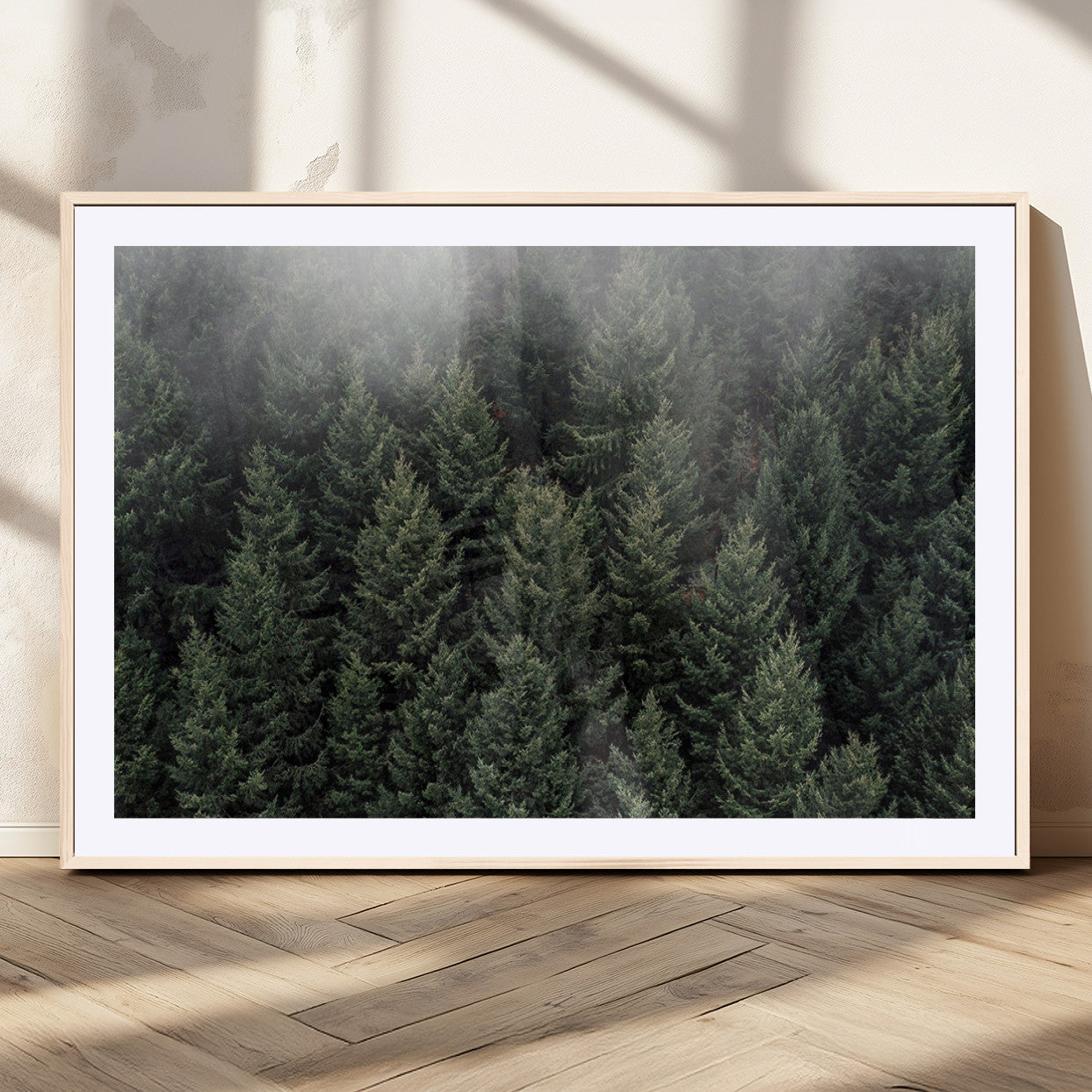 84059409-MGV-CV-36X24-Dense Evergreen Forest Misty Morning Fog Pine Trees Woodland Nature Landscape Calm Peaceful Scenic Wall Art Canvas Print