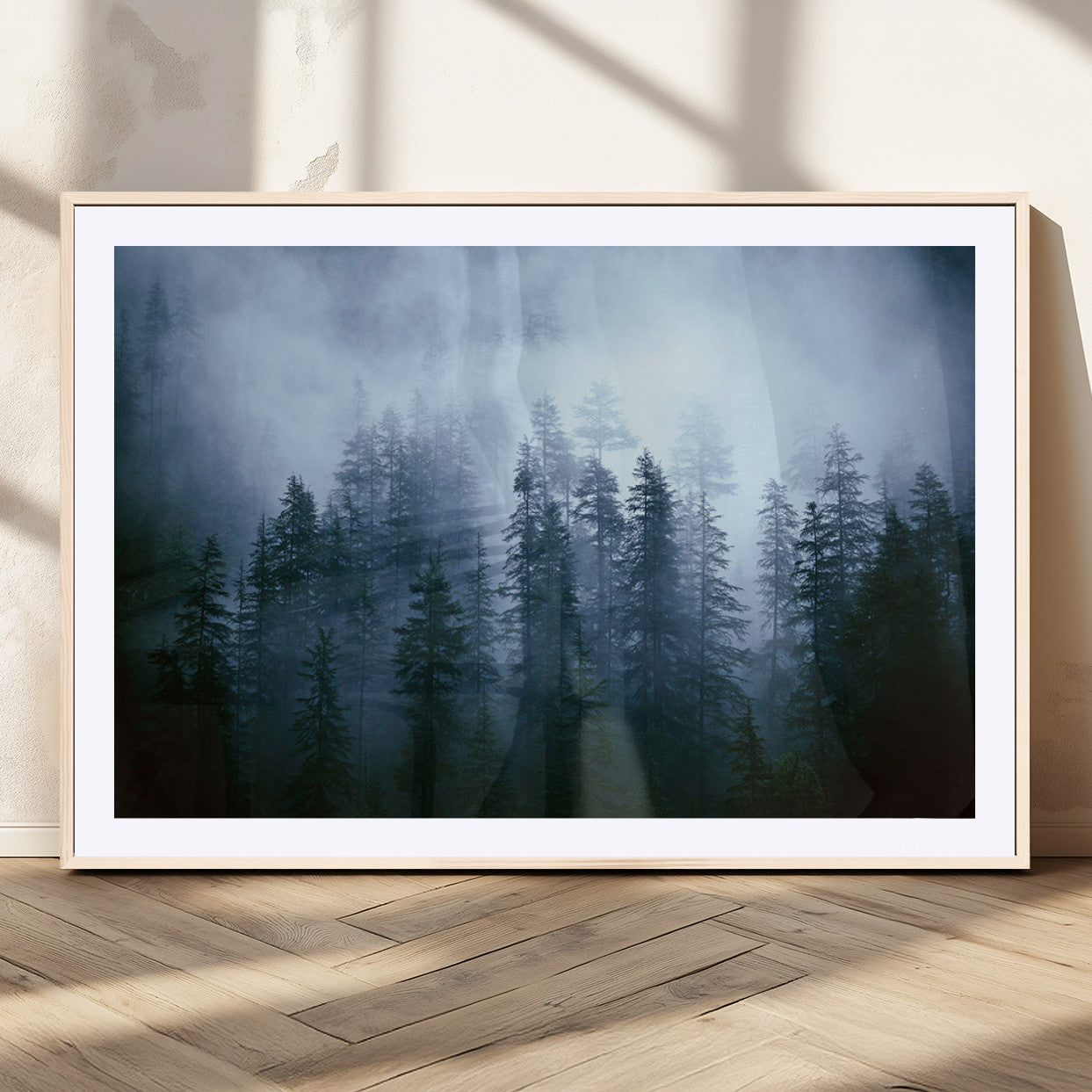 93439624-MGV-CV-36X24-Foggy Evergreen Pines Mist Forest Blue Haze Moody Atmospheric Wilderness Nature Trees Scenic Tranquil Peaceful Landscape Wall Art Canvas Print