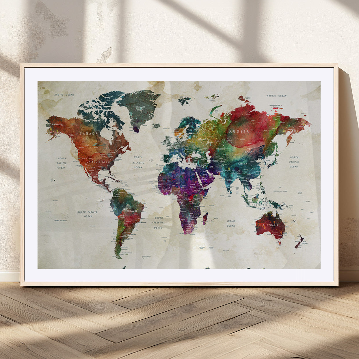 Colorful watercolor world map with countries labeled, featuring rich, vibrant hues across continents on a vintage beige background, Wall Art Canvas Print style.