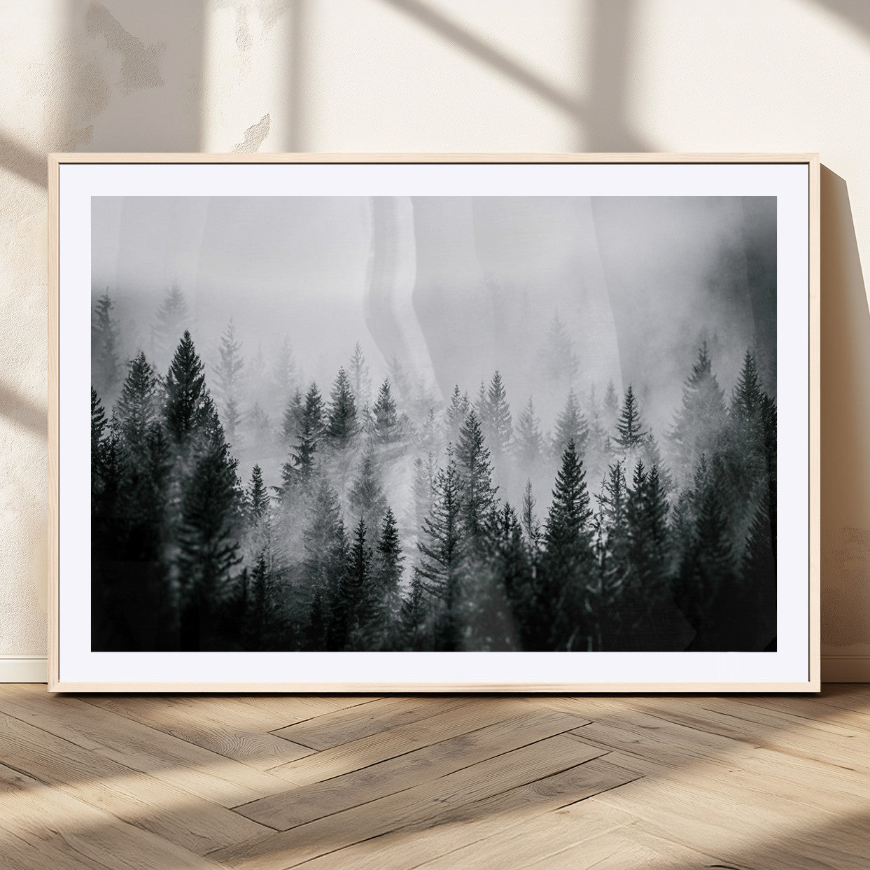 Horizontal black and white canvas wall art of foggy pine forest landscape for modern and rustic home decor