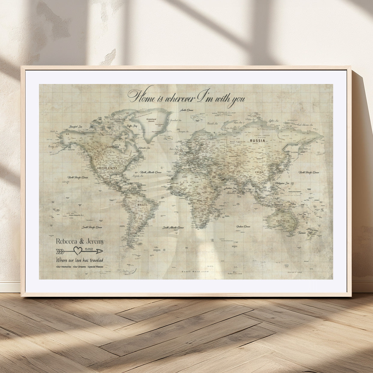 MGC-FP-36x24 - Personalized World Map Wall Art Canvas Print – Custom Push Pin Travel Map for Couples, Families, or Office Décor