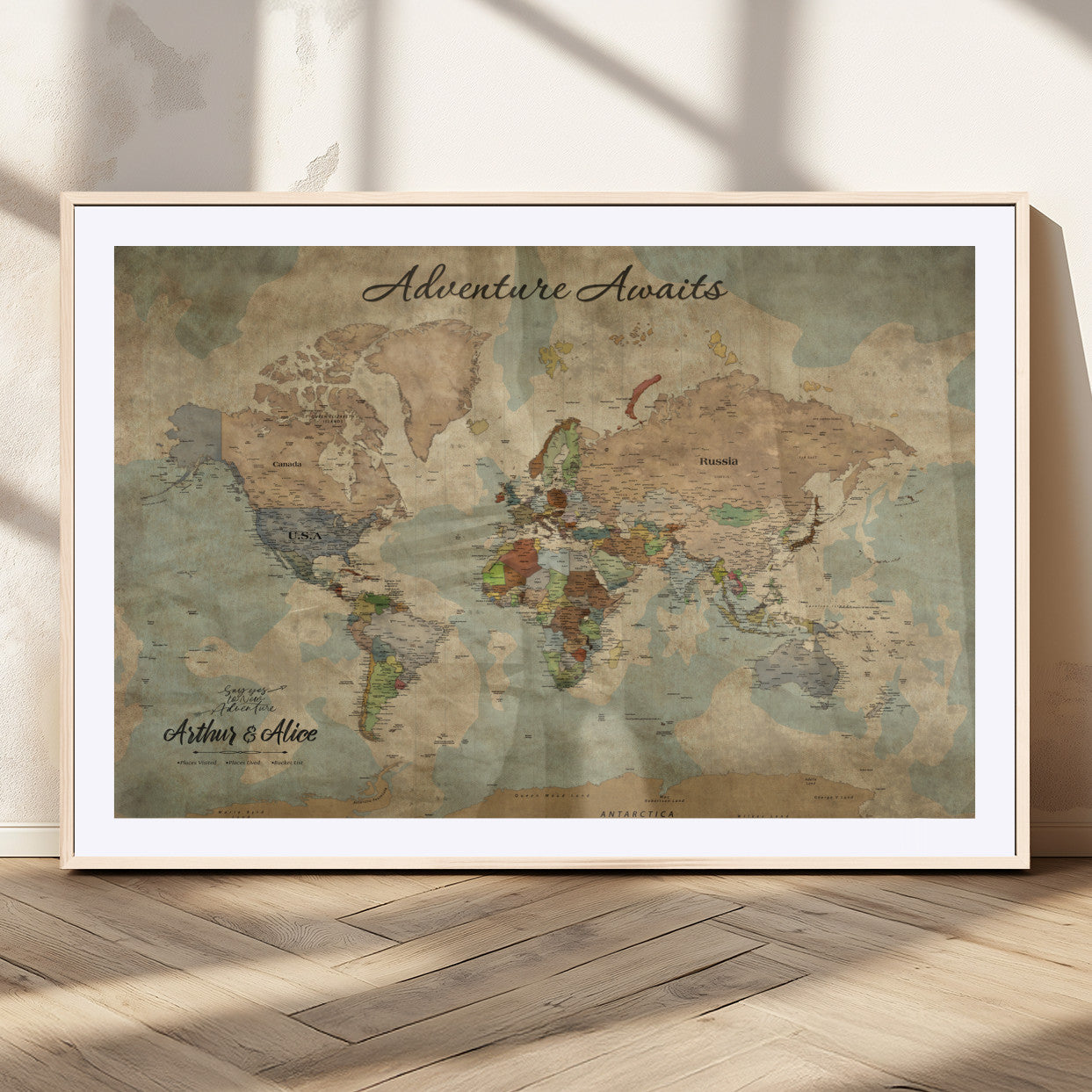 MGC-FP-36x24 - Personalized World Map Wall Art Canvas Print – Custom Push Pin Travel Map for Couples, Families, or Office Décor