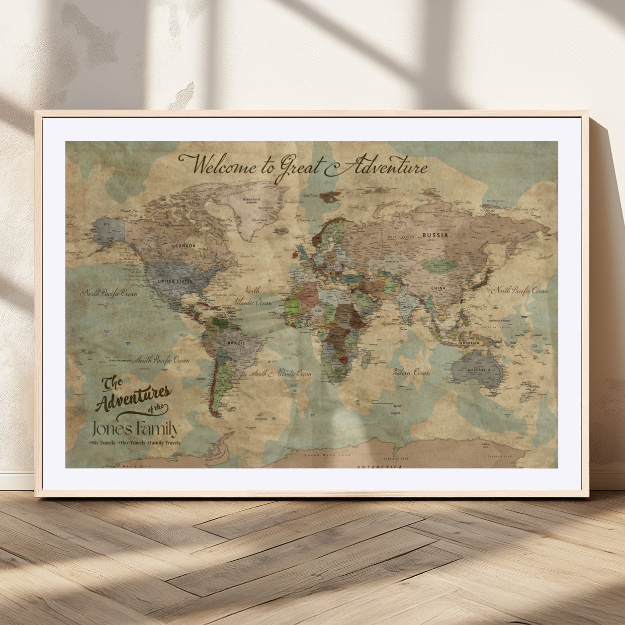 MGC-FP-36x24 - Personalized World Map Wall Art Canvas Print – Custom Push Pin Travel Map for Couples, Families, or Office Décor