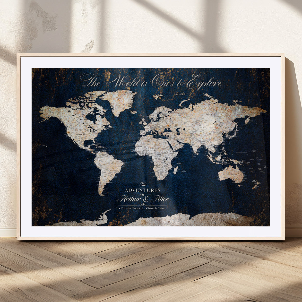 MGC-FP-36x24 - Personalized World Map Wall Art Canvas Print – Custom Push Pin Travel Map for Couples, Families, or Office Décor
