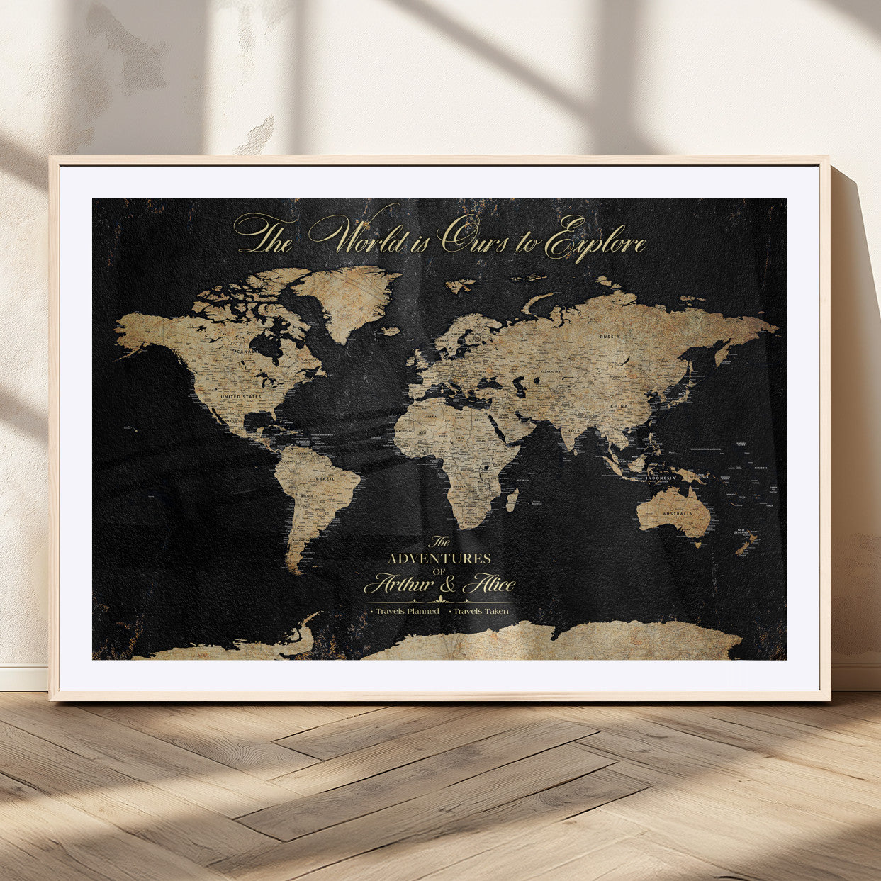 MGC-FP-36x24 - Personalized World Map Wall Art Canvas Print – Custom Push Pin Travel Map for Couples, Families, or Office Décor