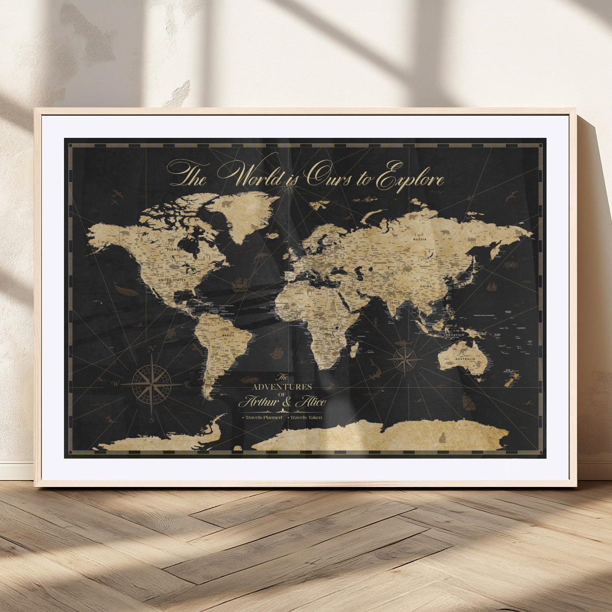 MGC-FP-36x24 - Personalized World Map Wall Art Canvas Print – Custom Push Pin Travel Map for Couples, Families, or Office Décor