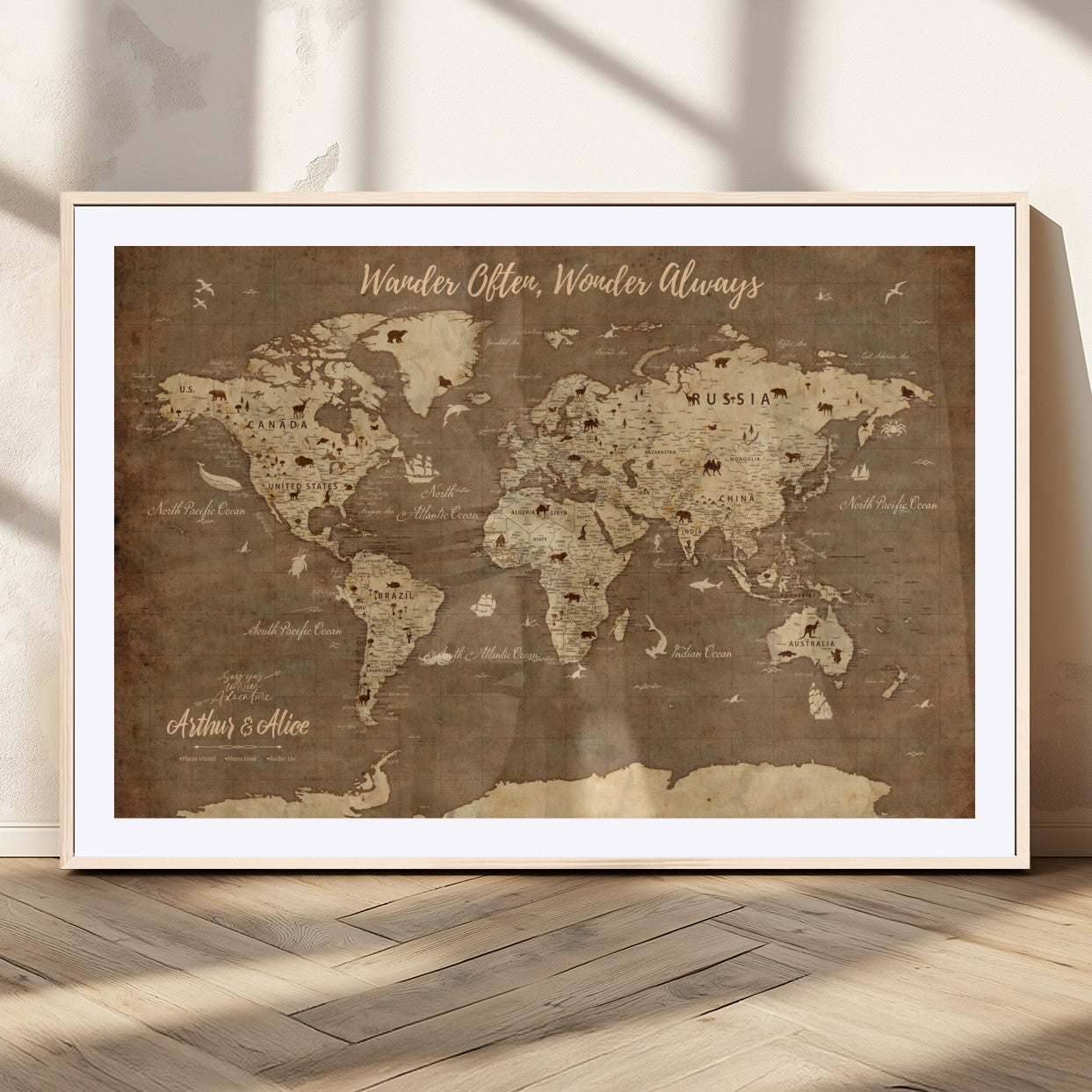 MGC-FP-36x24 - Personalized World Map Wall Art Canvas Print – Custom Push Pin Travel Map for Couples, Families, or Office Décor