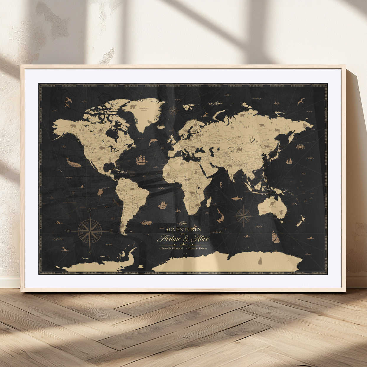 MGC-FP-36x24 - Personalized World Map Wall Art Canvas Print – Custom Push Pin Travel Map for Couples, Families, or Office Décor