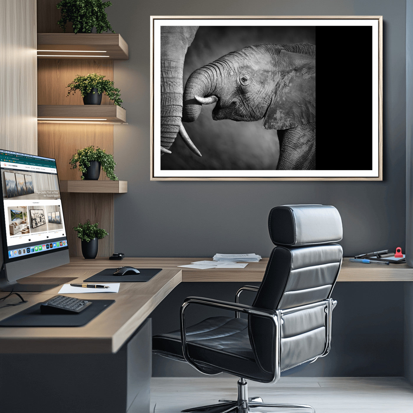 42691-MGC-FP-36x24_Natural-Elephant Family Wall Art Canvas, Framed Elephant Family Canvas Print