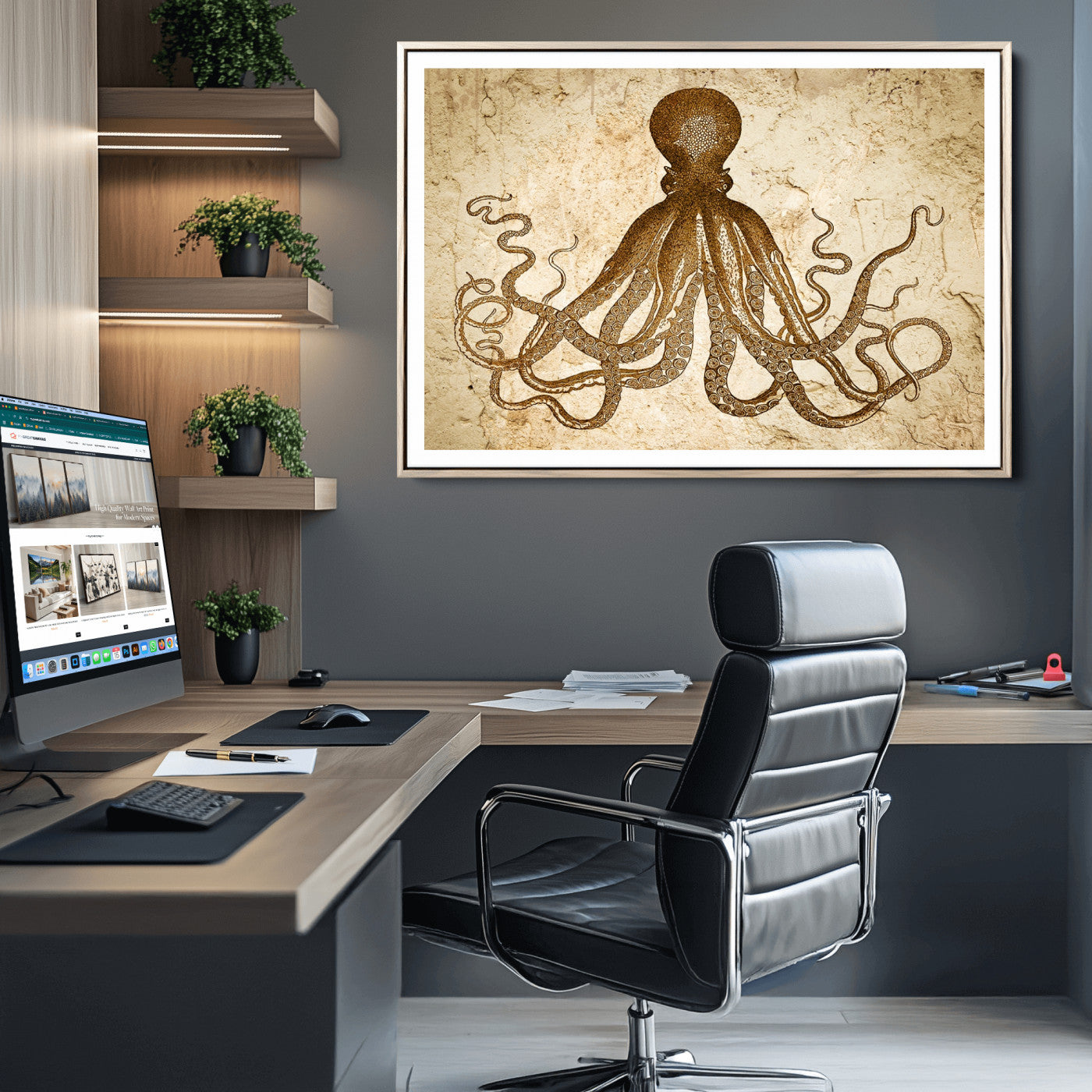 96154-MGC-FP-36x24_Natural-Sepia Octopus Wall Art Abstract Animal Canvas Print