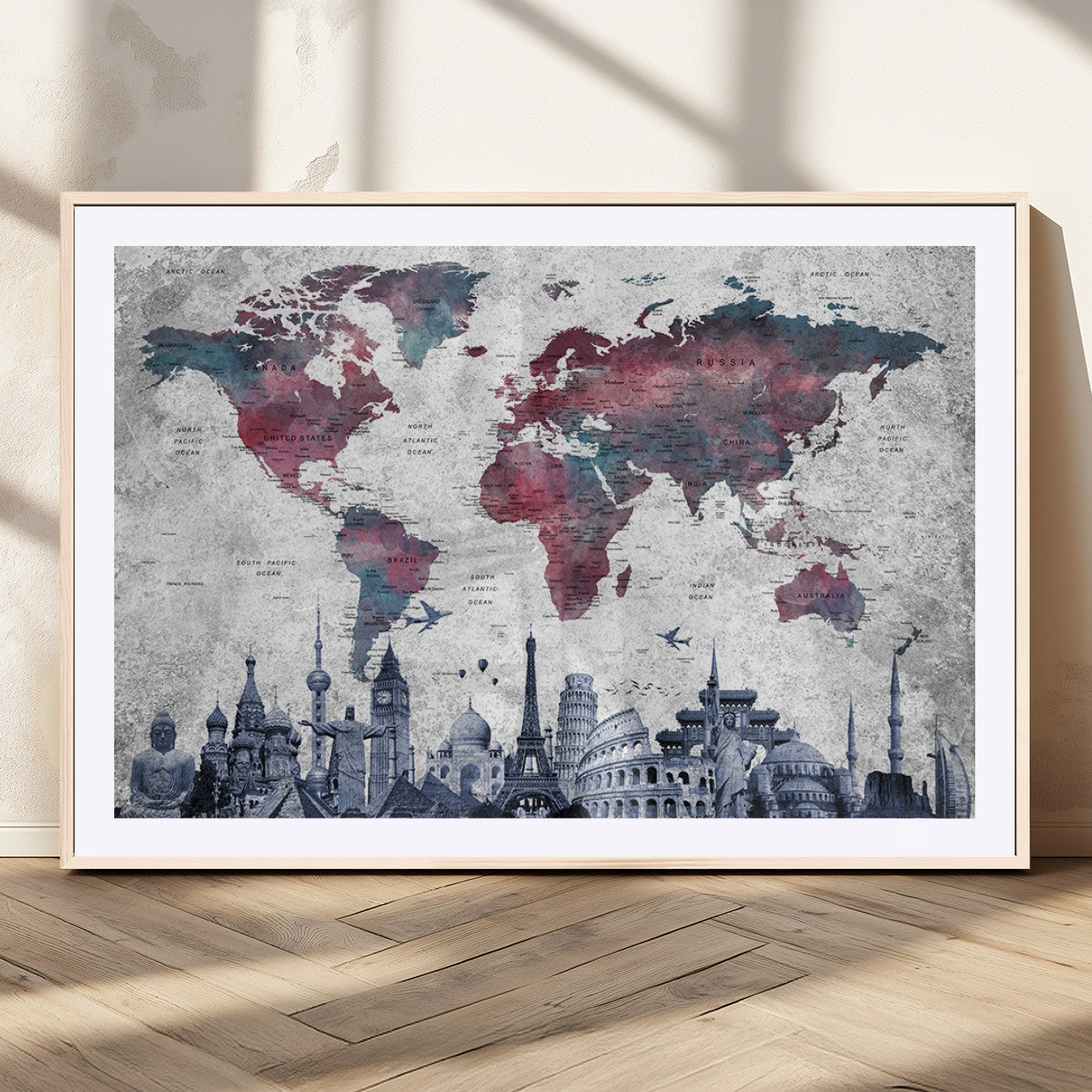 MGC-FP-36x24 - Push Pin World Map Canvas Print – Framed Wall Art for Couples to Track Their Travels – Anniversary