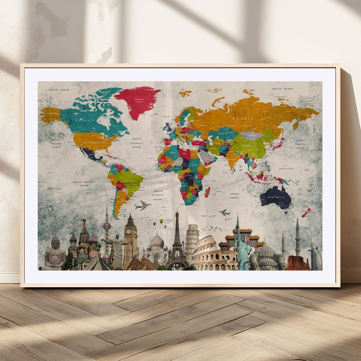 MGC-FP-36x24 - Push Pin World Map Canvas Print – Framed Wall Art for Couples to Track Their Travels – Anniversary
