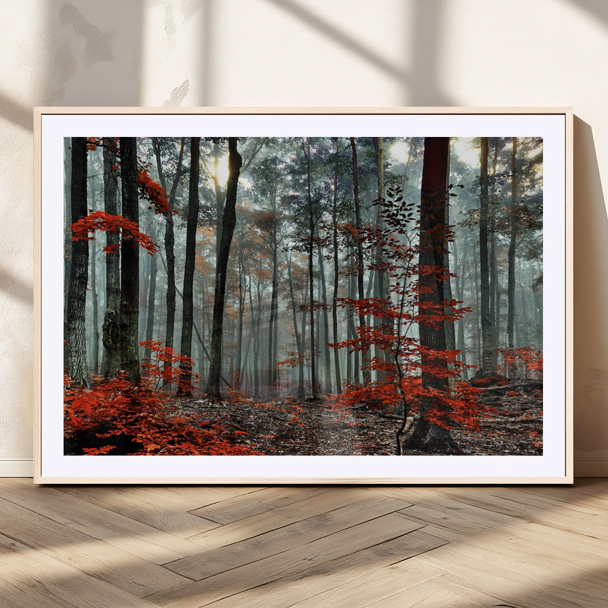 MGC-FP-36x24 - Autumn Forest Canvas Wall Art – Enchanting Red Leaves Triptych Print – Nature-Inspired Decor for