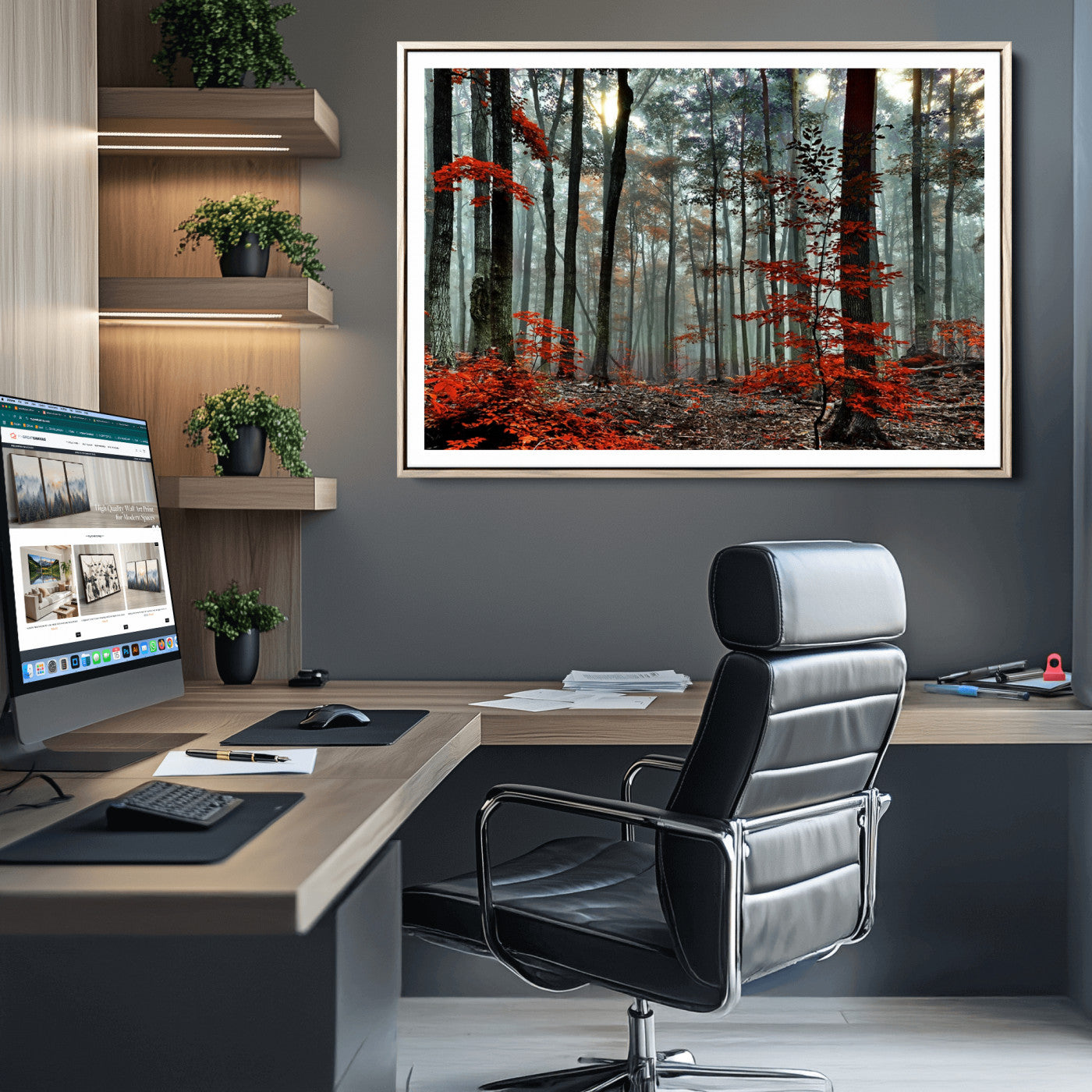 59209-MGC-FP-36x24_Natural-Autumn Forest Canvas Wall Art – Enchanting Red Leaves Triptych Print – Nature-Inspired Decor for Living Room or Office – Ready to Hang