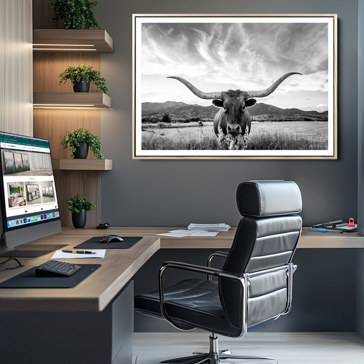 Longhorn Cow Wall Art Canvas Print Farmhouse Wall Art - Texas Longhorn Wall Art Print