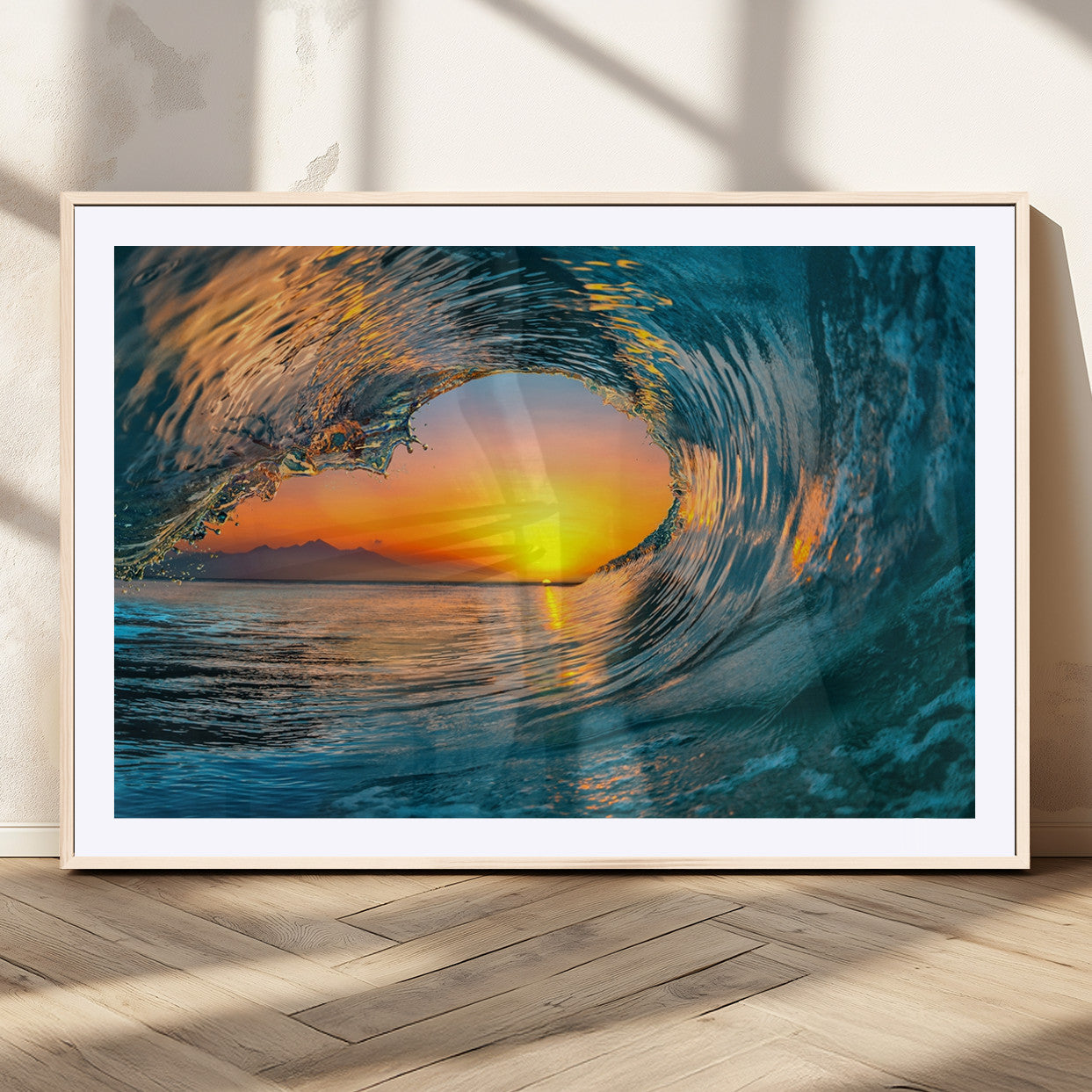 MGC-FP-36x24 - Ocean Wave Sunset Wall Art | Large Coastal Wave Canvas Print | 3-Panel Ocean Sunset Seascape for