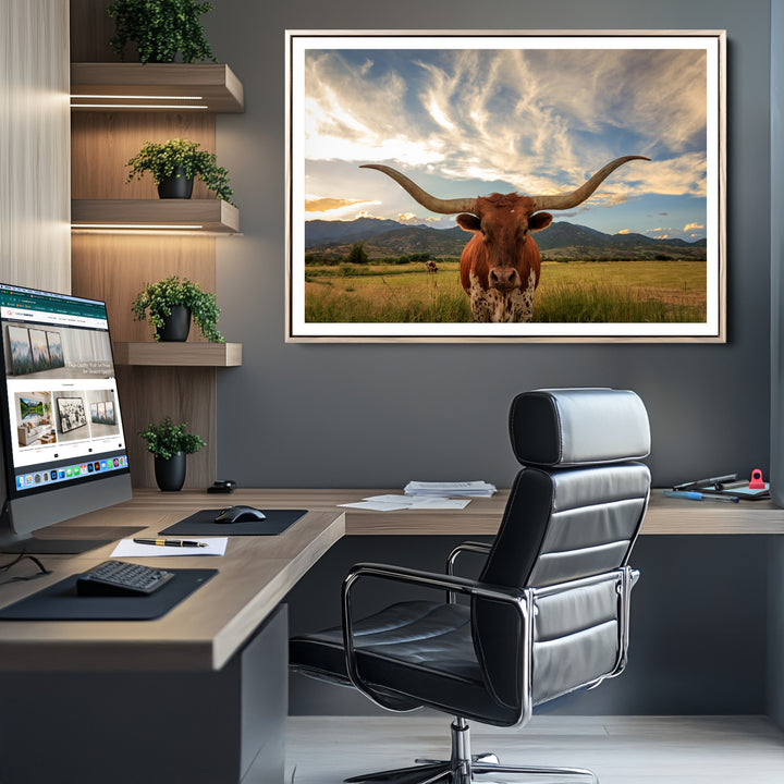 Texas Longhorn Canvas Wall Art – Majestic Triptych Animal Print – Rustic Western Decor for Living Room or Office – Ready to Hang