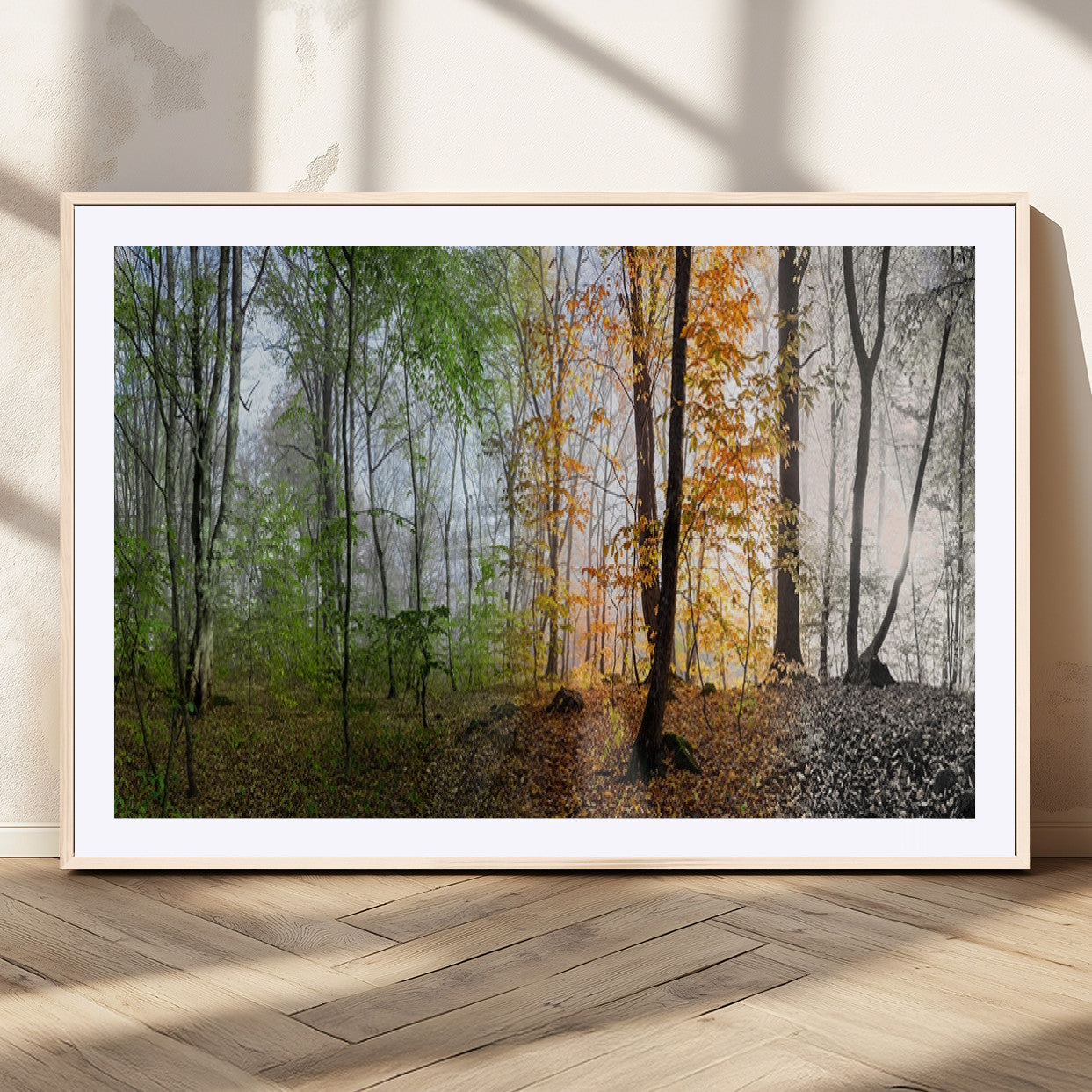 MGC-FP-36x24 - Four Seasons Wall Art Forest Canvas Print – Triptych Seasonal Nature Print – Landscape Decor for
