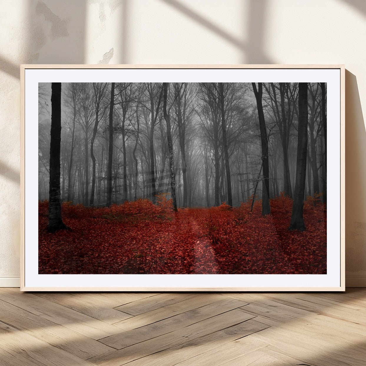 -Red Forest Floor Canvas Wall Art – Mystical Foggy Woodland Triptych – Nature-Inspired Decor for