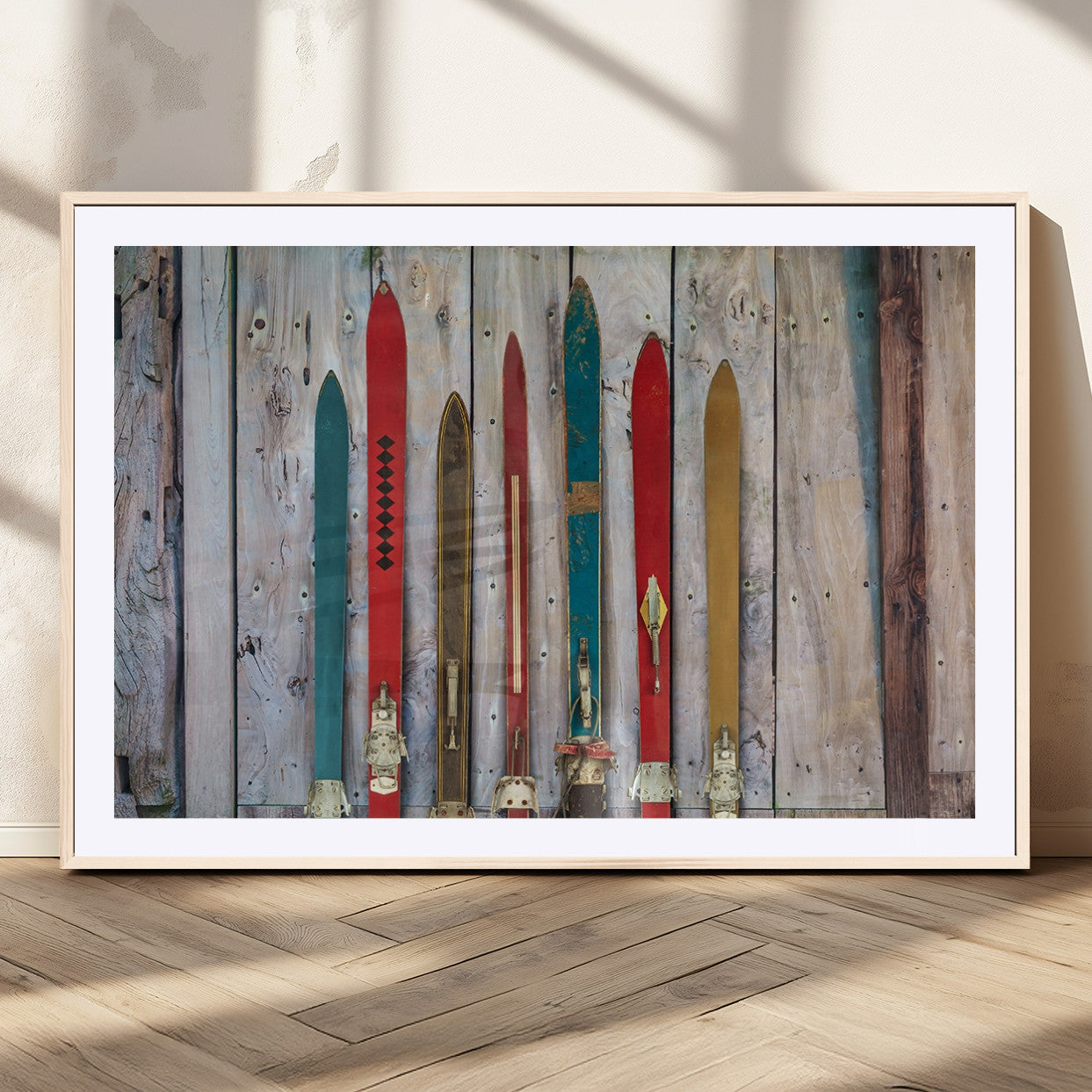 MGC-FP-36x24 - Vintage Wooden Weathered Ski's in Front of an Old Barn Wall Art Canvas Print for Farmhouse, Cabin