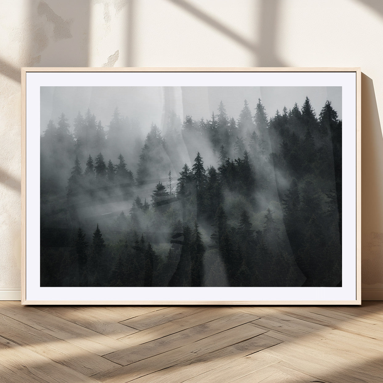 MGC-FP-36x24 - Foggy Forest Wall Art Canvas Print | 3 Panel Large Misty Landscape for Dining Room, Office, or