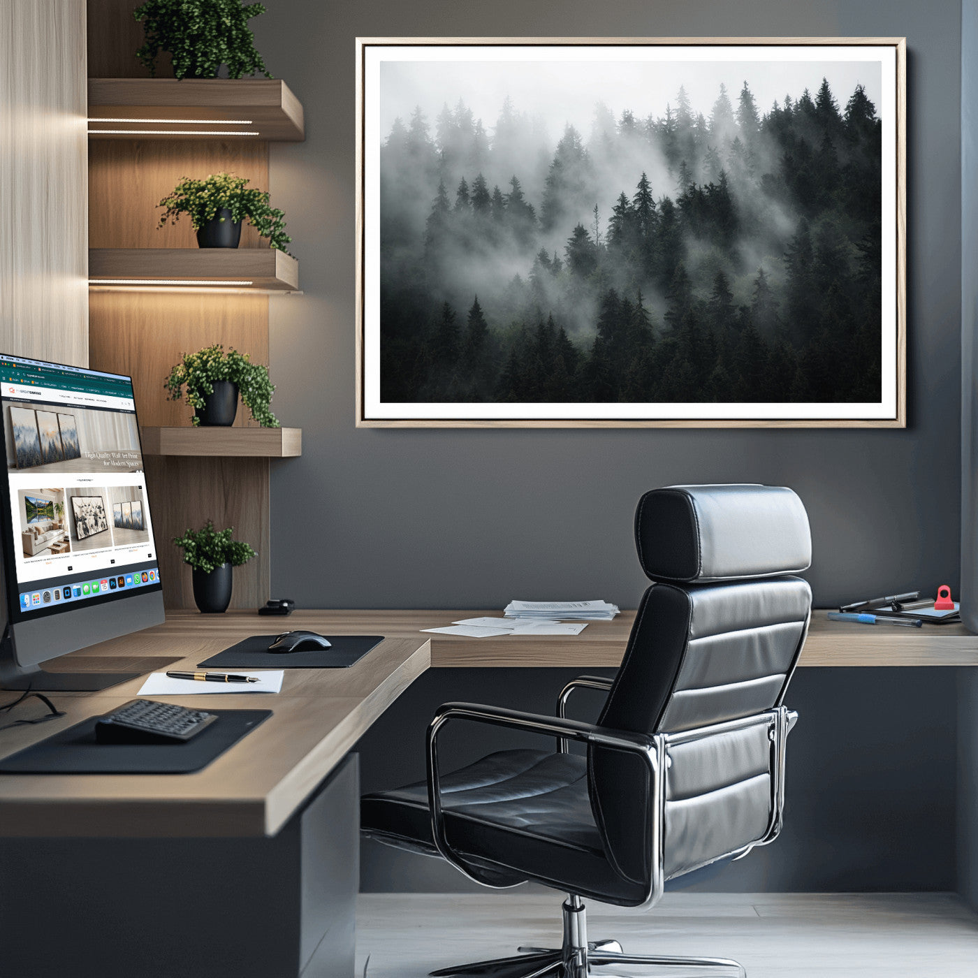 52359-MGC-FP-36x24_Natural-Foggy Forest Wall Art Canvas Print | 3 Panel Large Misty Landscape for Dining Room, Office, or Living Room | Ready to Hang Nature Deco