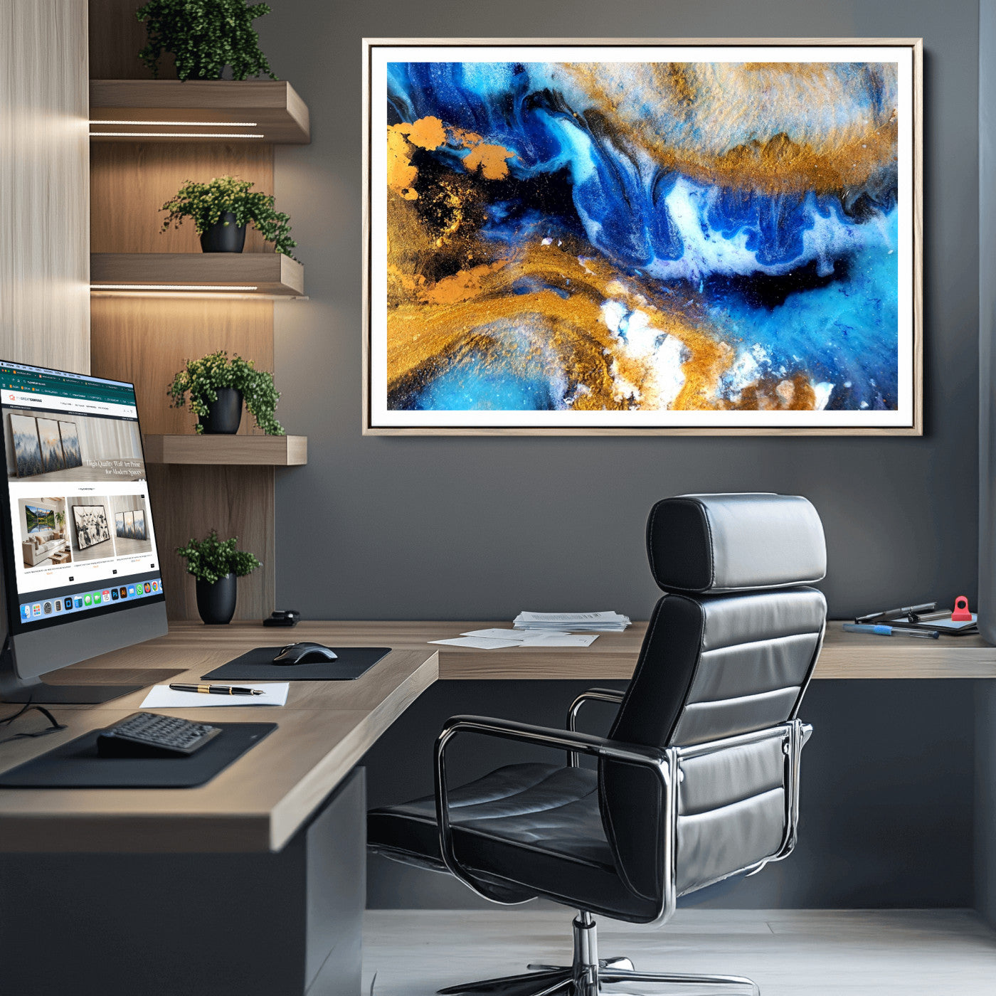 42100-MGC-FP-36x24_Natural-Blue Orange Marble Fluid Effect Canvas Wall Art Print