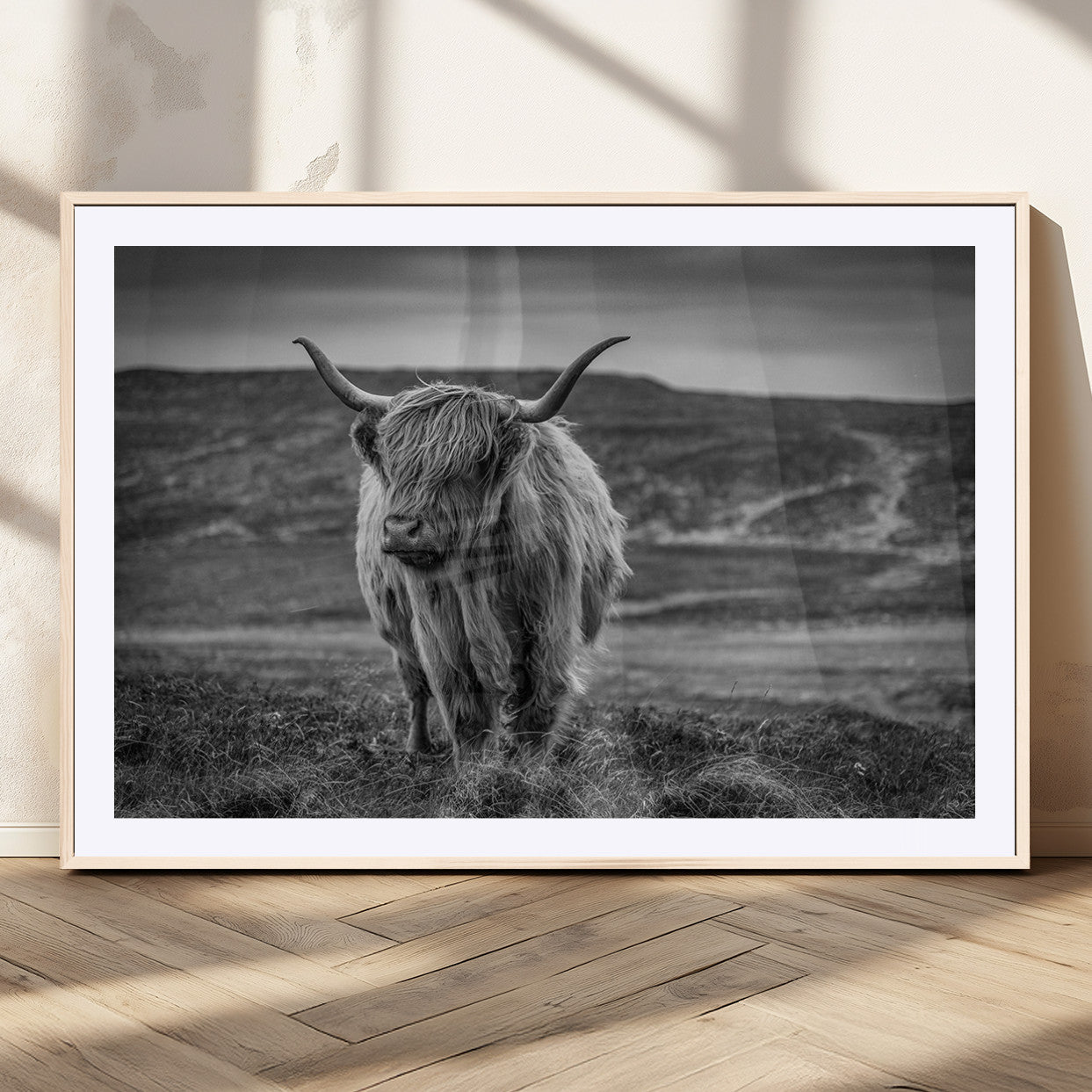 MGC-FP-36x24 - Fluffy Cattle Wall Art Print, Highland Cow Canvas, Framed Black and white Wall Art