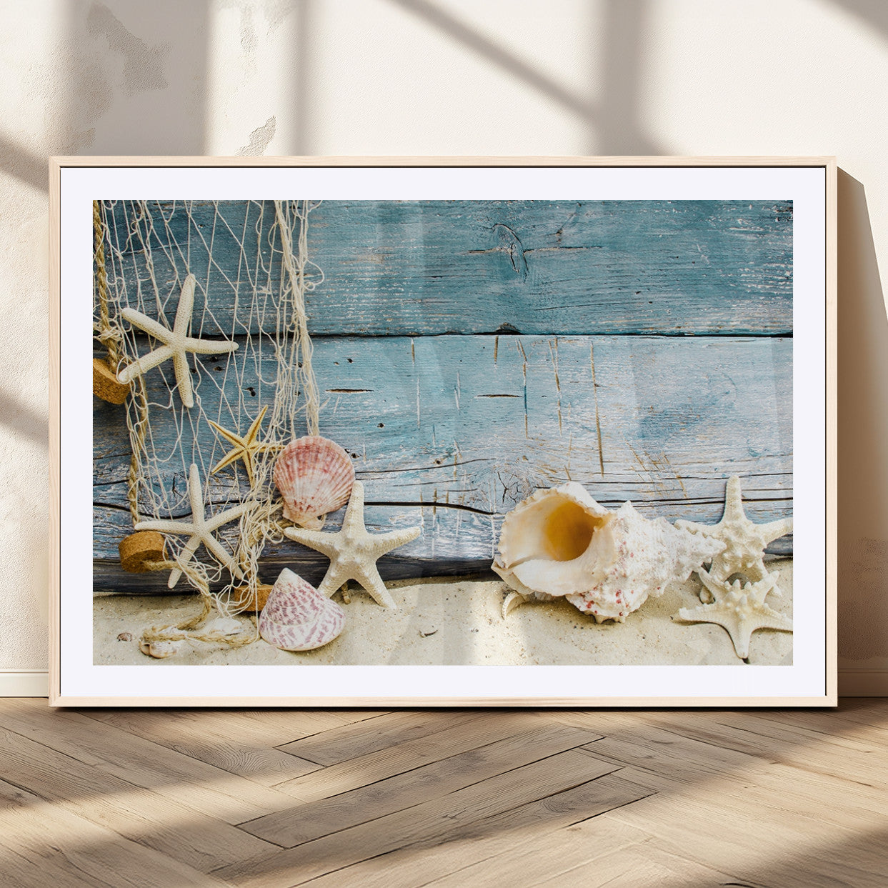 MGC-FP-36x24 - Seashells on Rustic Wooden Background, Seashells Wall Art Canvas Print
