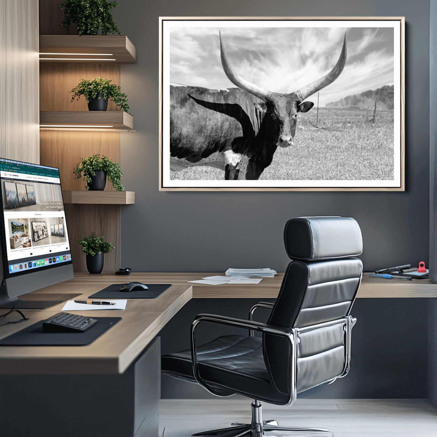 30017-MGC-FP-36x24_Natural-Cattle Wall Art Longhorn Cow Canvas Print