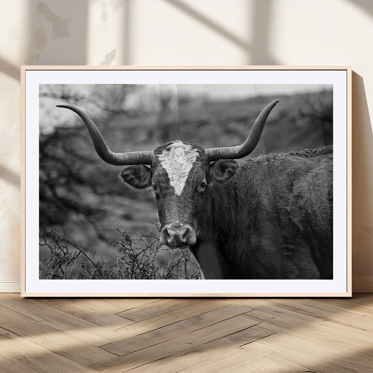 MGC-FP-36x24 - Western Home Wall Art Canvas Print, Framed Texas Longhorn Art Picture Print, Rustic Cow Perfect Rustic Farmhouse Decor Artwork