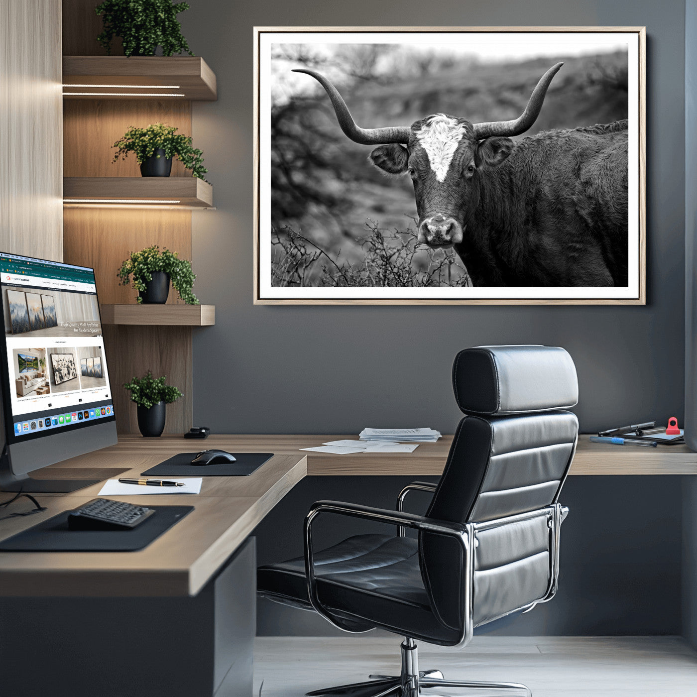 76200-MGC-FP-36x24_Natural-Western Home Wall Art Canvas Print, Framed Texas Longhorn Art Picture Print, Rustic Cow Perfect Rustic Farmhouse Decor Artwork