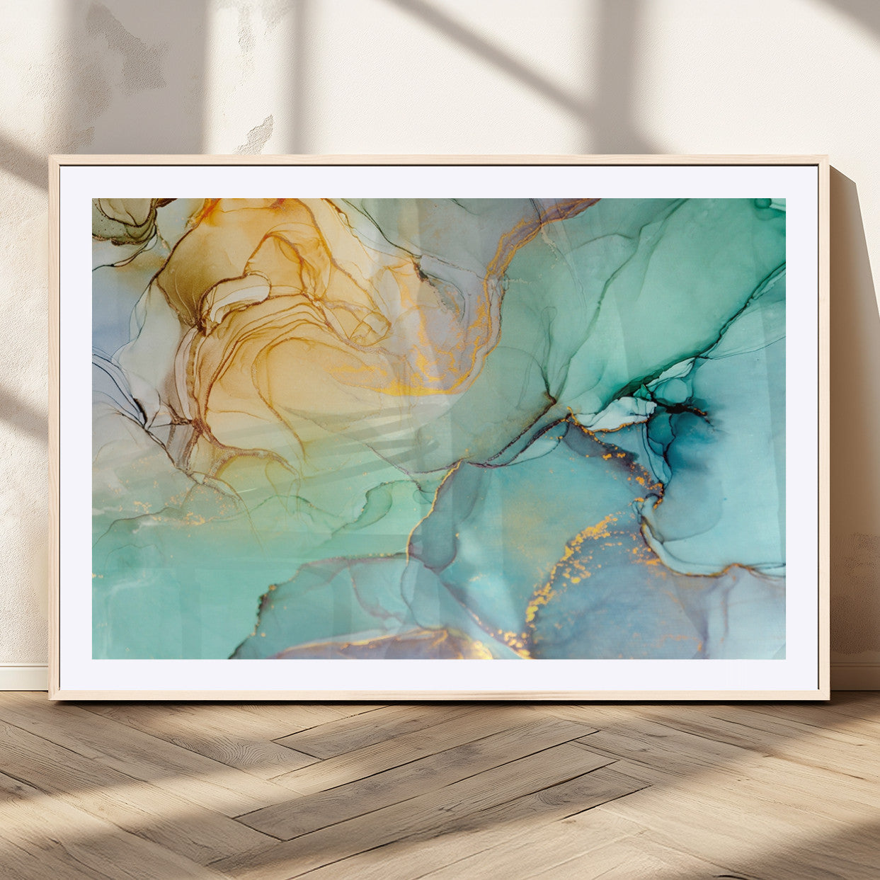 MGC-FP-36x24 - Abstract Aqua and Gold Fluid Wall Art Canvas | 3 Panel Large Canvas Print for Living Room, Office,