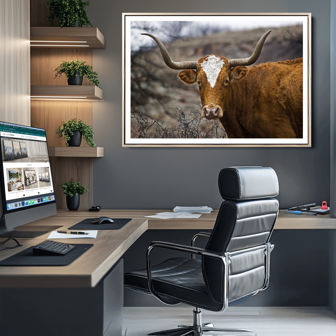 71797-MGC-FP-36x24_Natural-Texas Longhorn Canvas Wall Art - Longhorn Steer Canvas Wall Art Print- Rustic Western Animal Print, Large Longhorn Decor for Living Room,