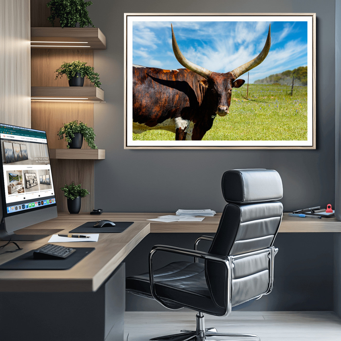 47037-MGC-FP-36x24_Natural-Longhorn and Cow Wall Art, Country Cow Wall Decor Canvas Print