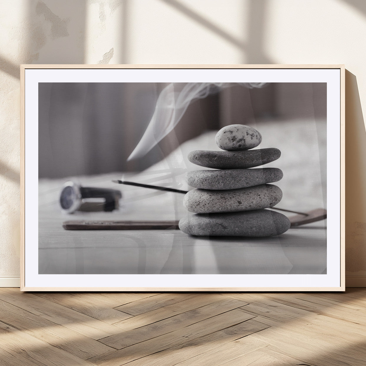 MGC-FP-36x24 - Burning Incense and Zen Stones Buddhism Wall Art, Zen Stones Wall Art Canvas Print